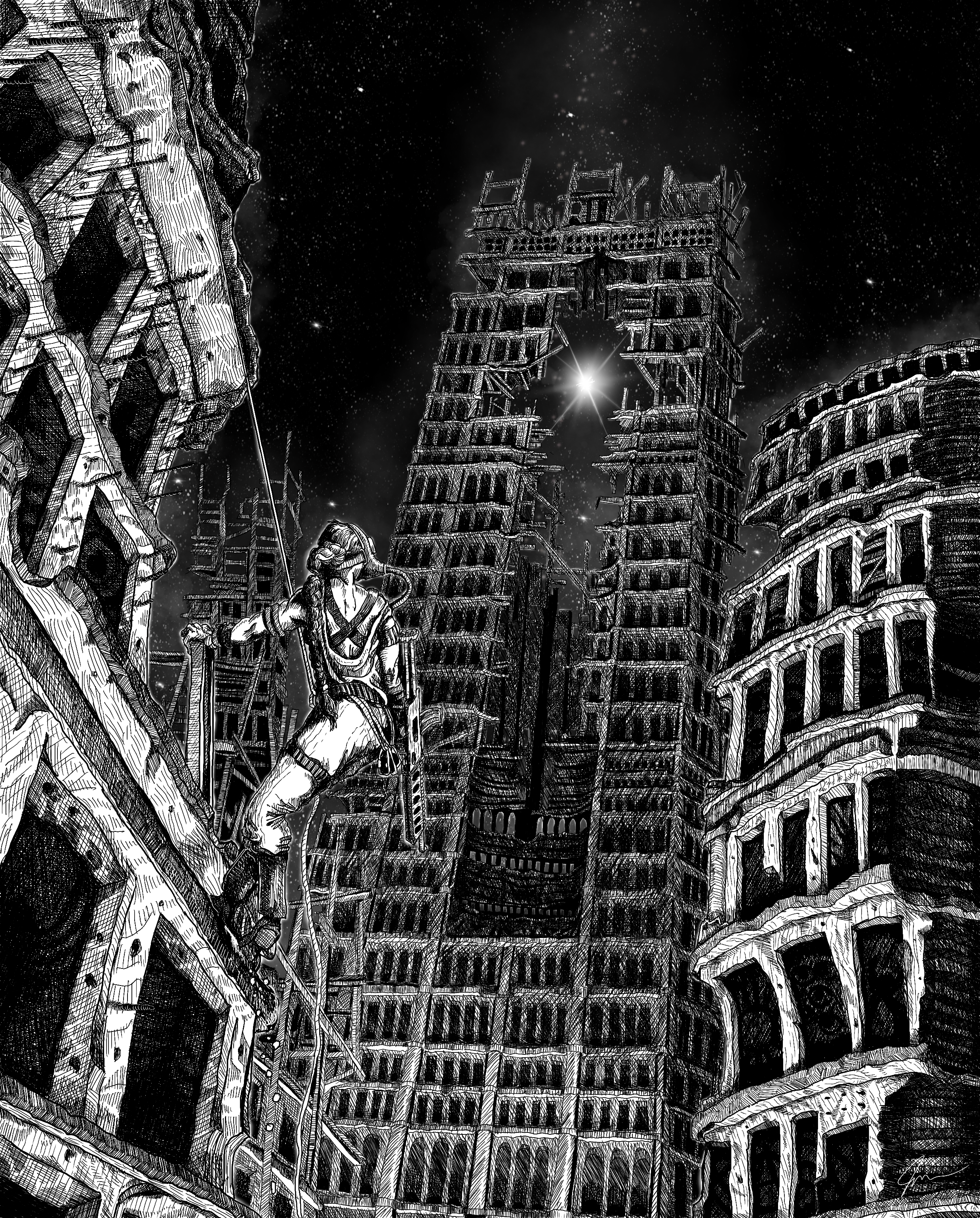 An isolated figure climbing the urban ruins of a post-apocalyptic city looks up to see the Christmas star shining through a hole in a skyscraper.