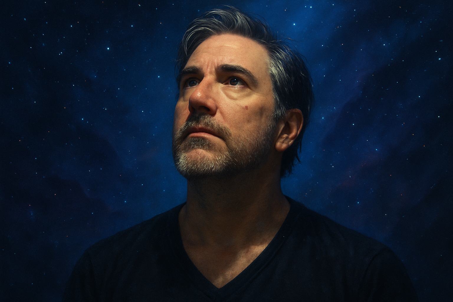 Portrait of John Glock in front of a Starry Sky