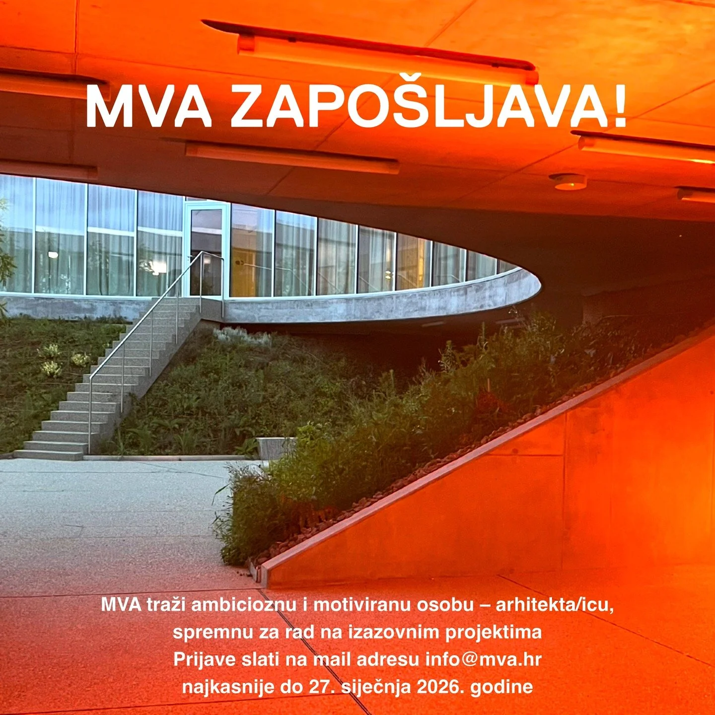 MVA zapo&scaron;ljava arhitekta/icu!
Prijava obavezno treba sadržavati CV i portfolio u PDF formatu (do 10 MB).
Prijave slati na info@mva.hr najkasnije do 27. siječnja 2026. godine.