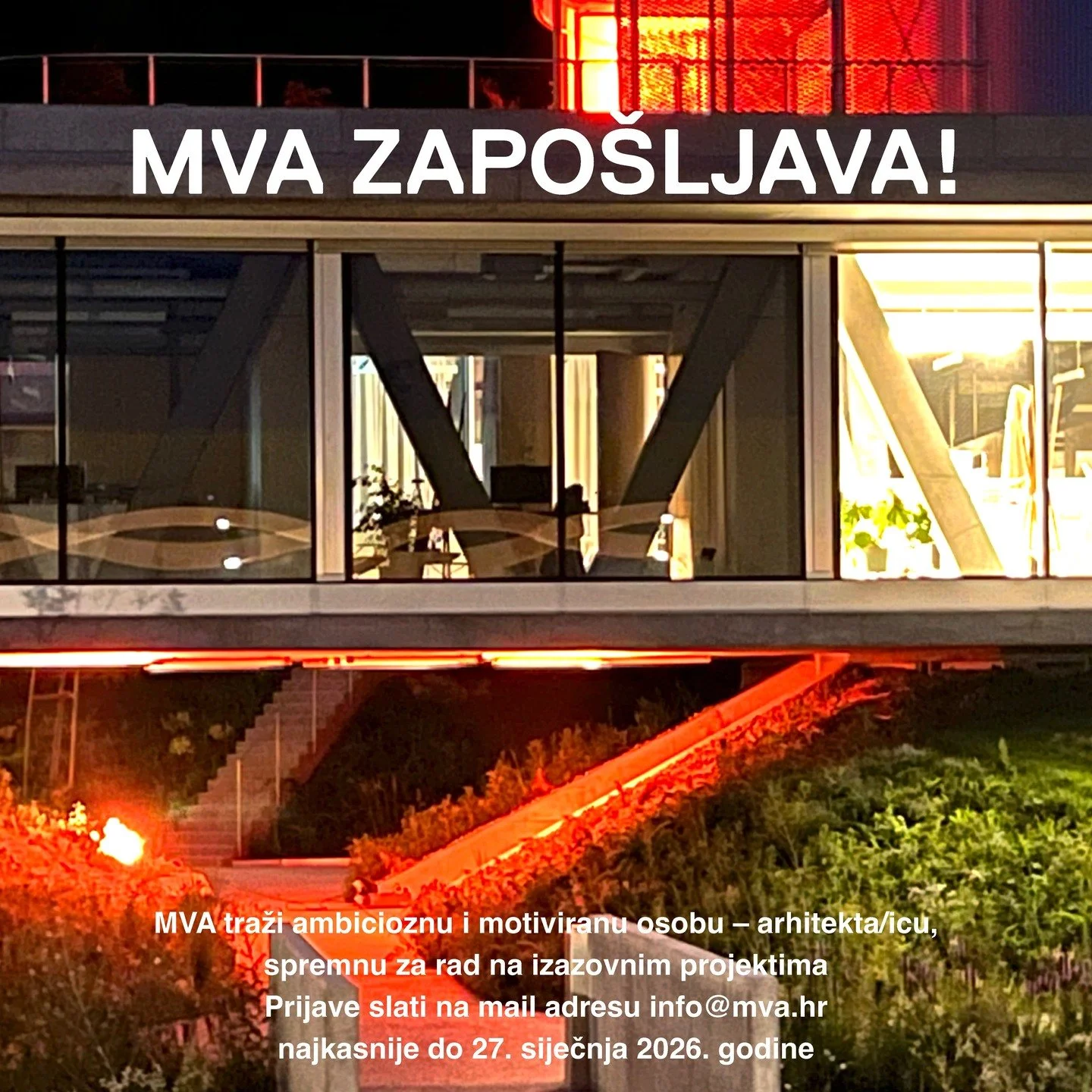 MVA zapo&scaron;ljava arhitekta/icu!
Prijava obavezno treba sadržavati CV i portfolio u PDF formatu (do 10 MB).
Prijave slati na info@mva.hr najkasnije do 27. siječnja 2026. godine.