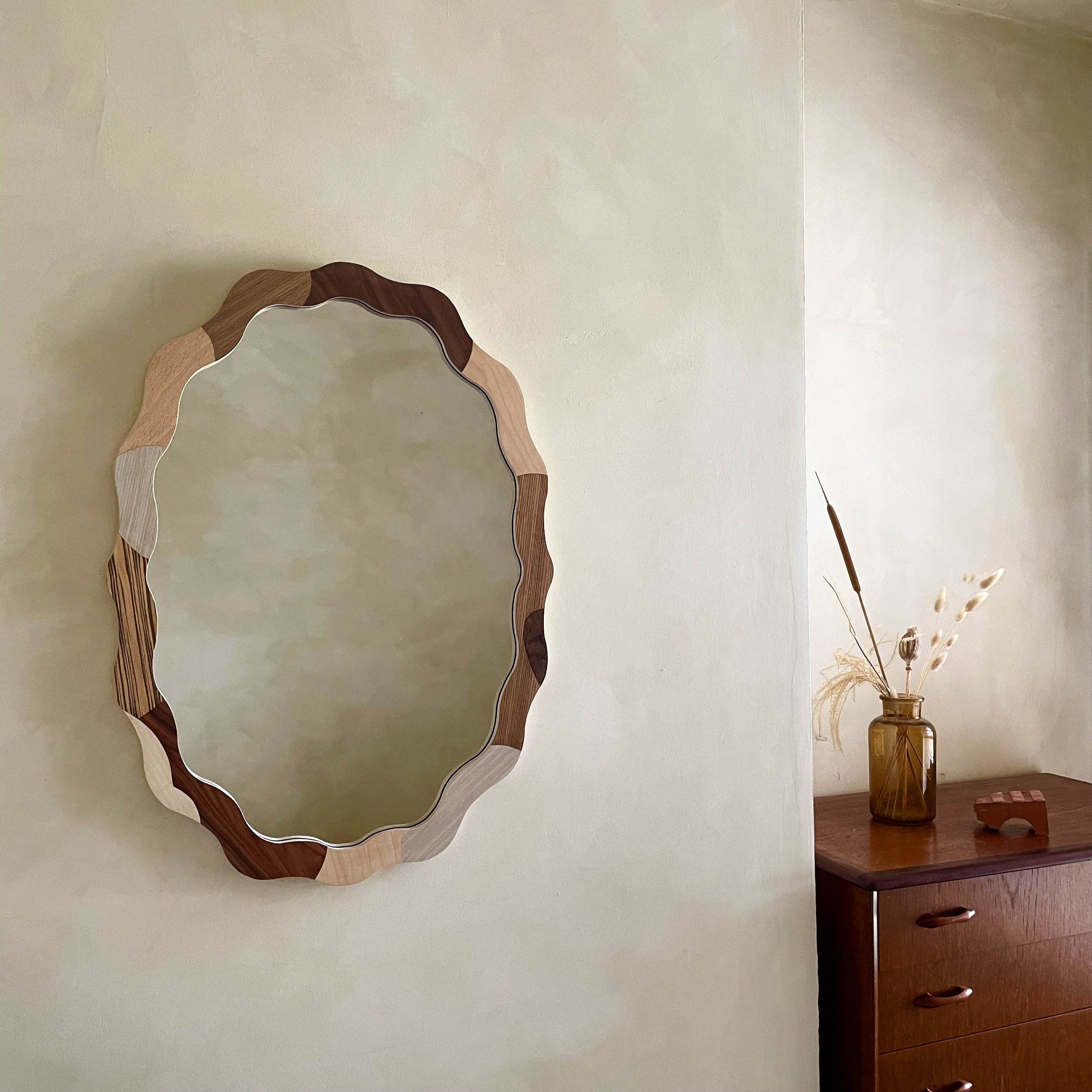 Oval Slim Mirror-Chelsea Vivash-Marquetry mirror frame  70cm H x 50cm W-2022-£680-Partnership Editions(1).jpg