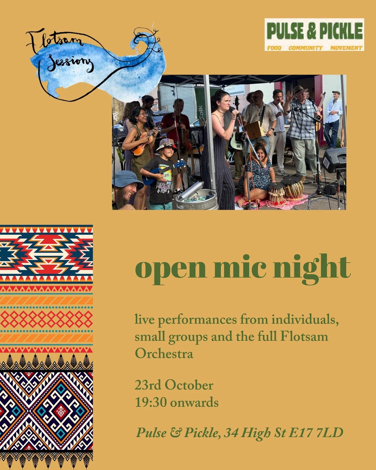*** Upcoming event this Thursday 23rd October! ***
We’ll be having a little open mic night at the wonderful @pulseandpickle with individual and small group performances as well as the big Flotsam Orchestra :) come bring friends, family, neighb