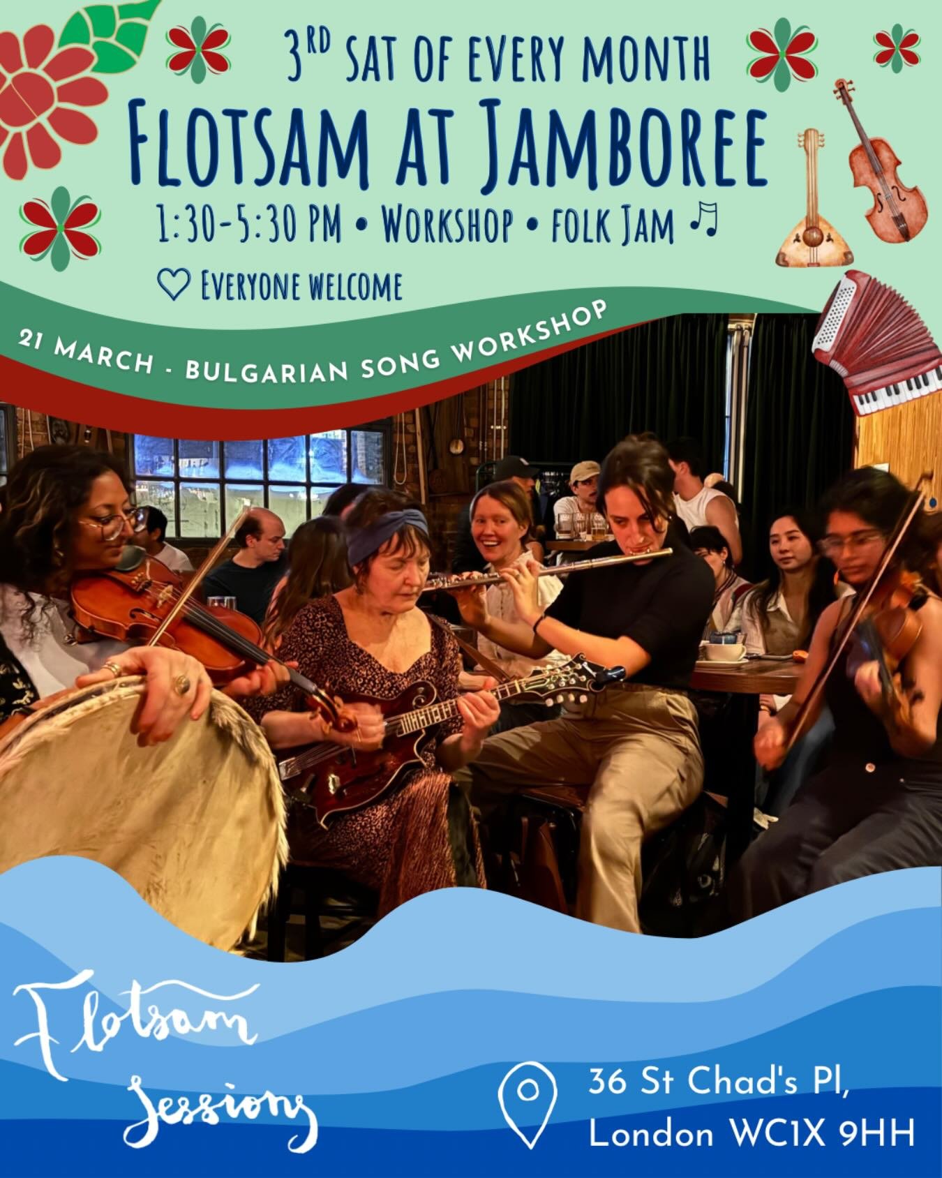 Happy St Patrick&rsquo;s Day! ☘️ We&rsquo;re back at @jamboreevenue this Saturday ☀️
 Join us for a Bulgarian song workshop at 1:30pm, followed by our acoustic roots music jam until 5pm.

As it&rsquo;s also Eid and Nowruz, we&rsquo;d love to celebrat