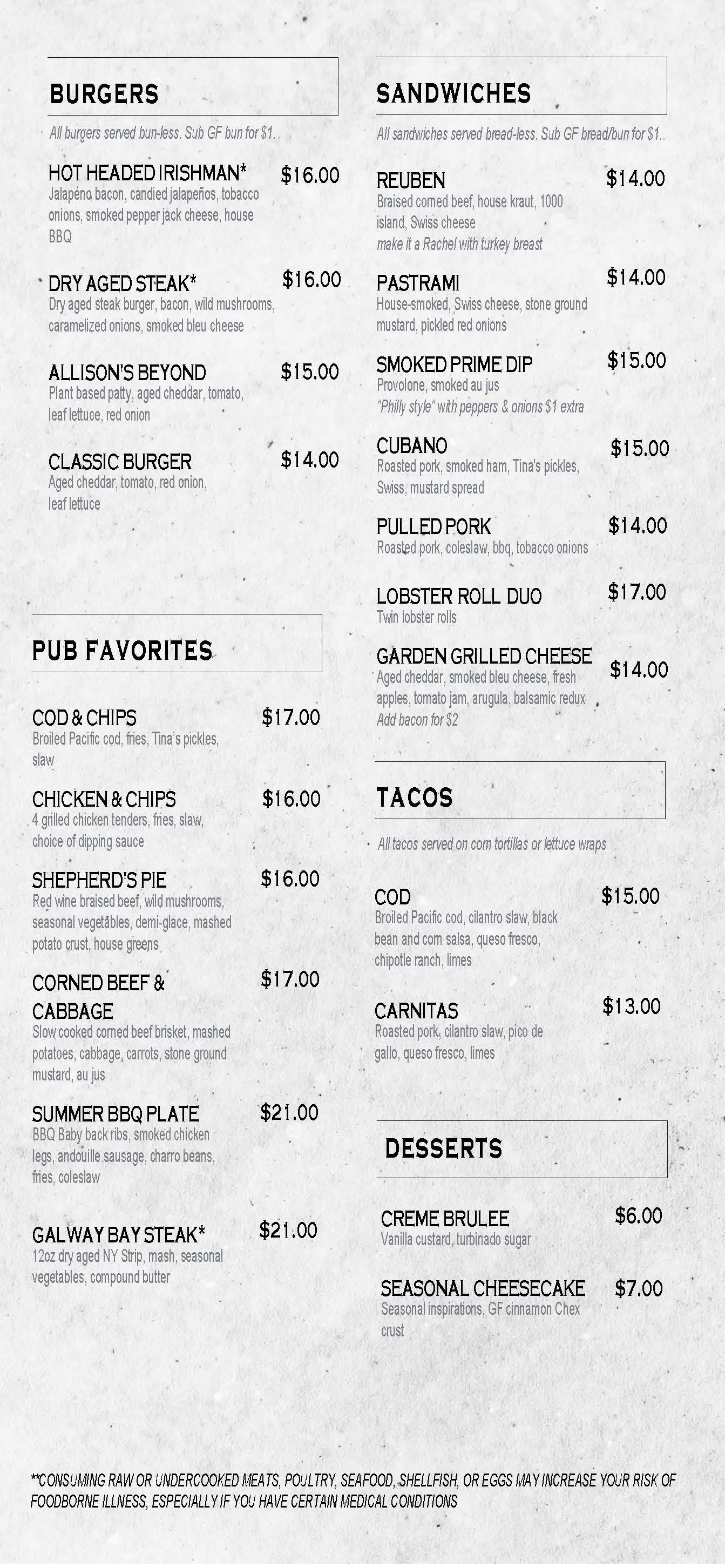 Old Spring Gluten Free Menu — O'Brien's Public House