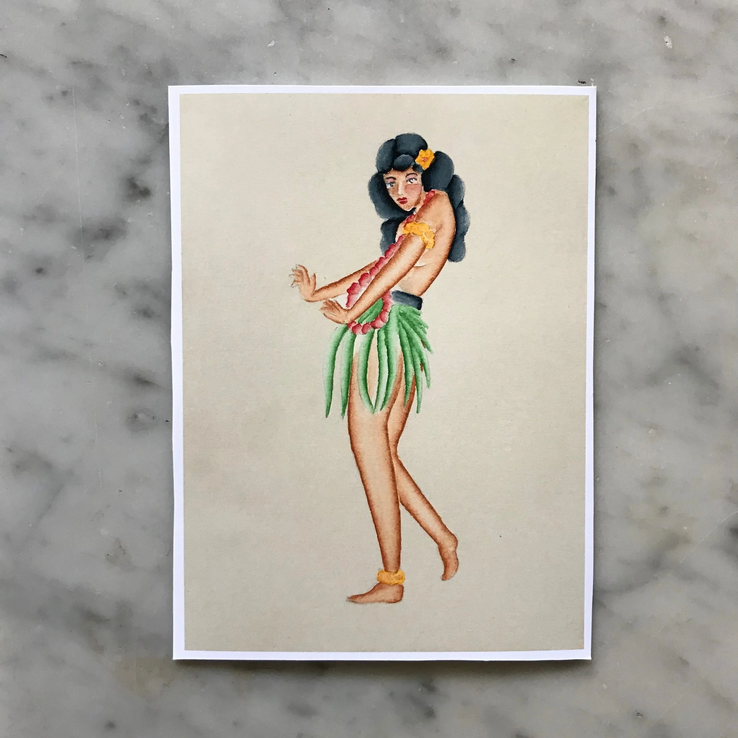 Hula Girl Watercolor Original  (5" x 7")