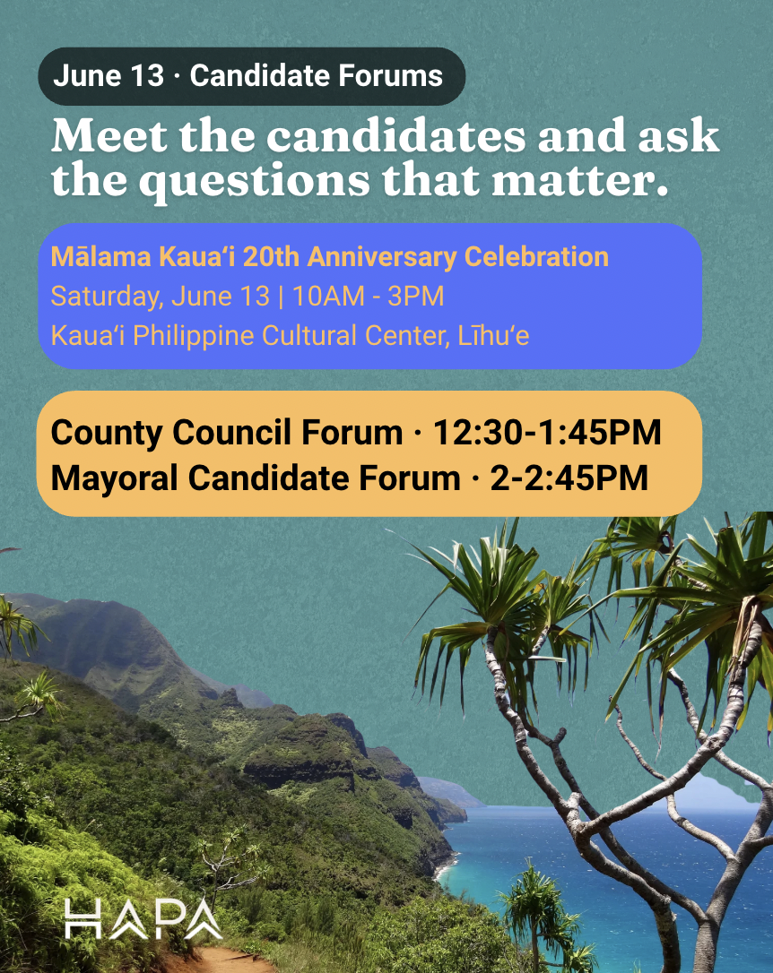 Join Us June 13th: Candidate Forums, Food Access &amp; Mālama Kauaʻi's 20th Anniversary!