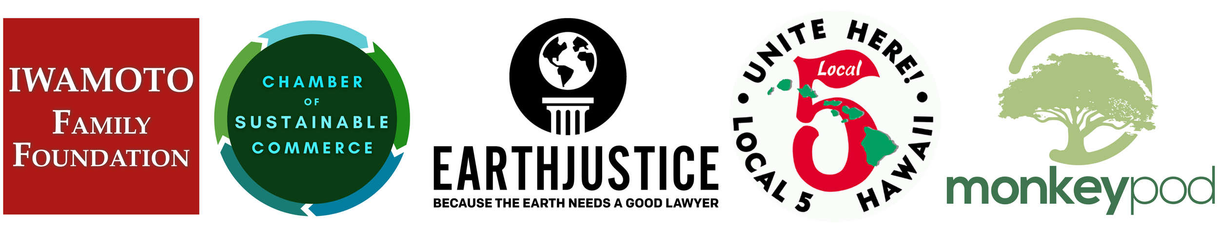 Sponsor logos for: Iwamoto Family Foundation, Chamber of Sustainable Commerce, Earthjustice, Unite Here! Local 5 Hawaii, Monkeypod.io
