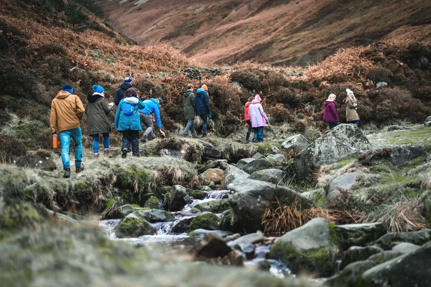 A group of people hiking along a stream in a mountainous area during daytime, wearing jackets and hats.
