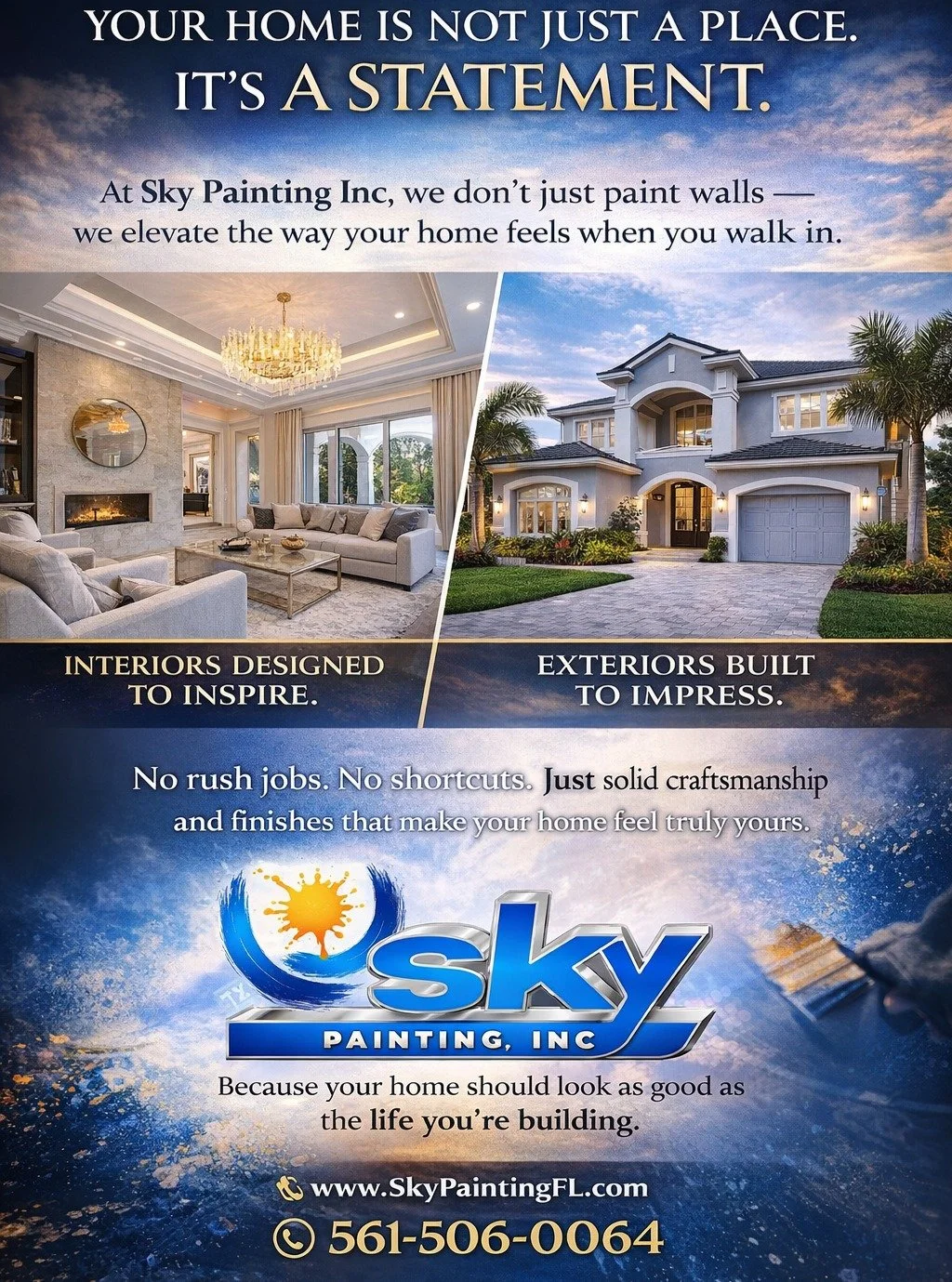 Your home is not just a place.
It&rsquo;s a statement.

At Sky Painting Inc, we don&rsquo;t just paint walls &mdash;
we elevate the way your home feels when you walk in.

From clean, modern interiors to exteriors that quietly stand out in the neighbo