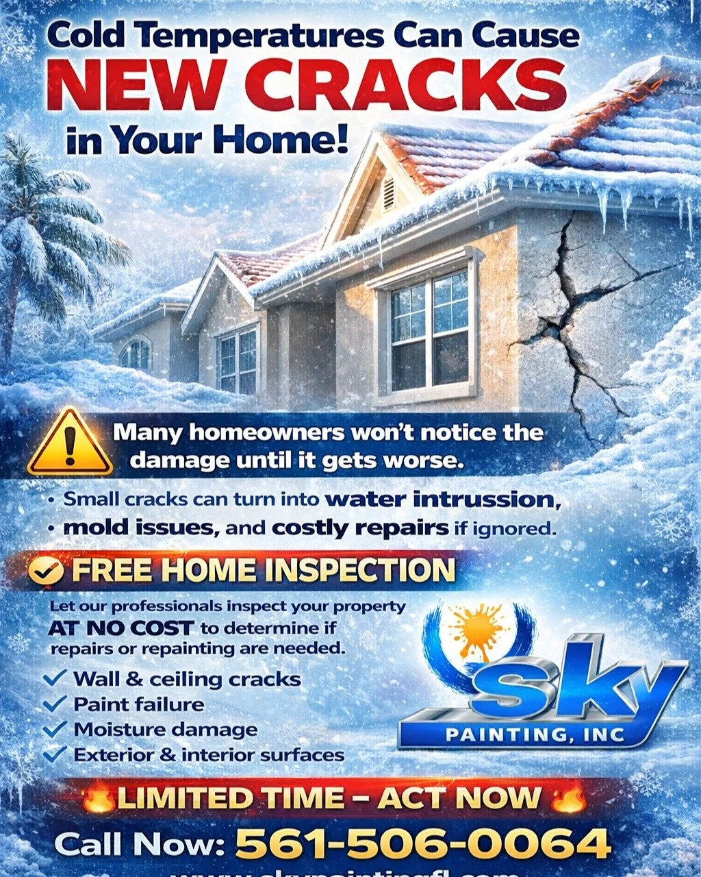🔥 URGENT NOTICE TO FLORIDA HOMEOWNERS 🔥

Cold Temperatures Can Cause NEW CRACKS in Your Home!

Recent low temperatures in Florida may cause new cracks, paint damage, and surface stress on your home&rsquo;s exterior and interior walls.

⚠️ Many home