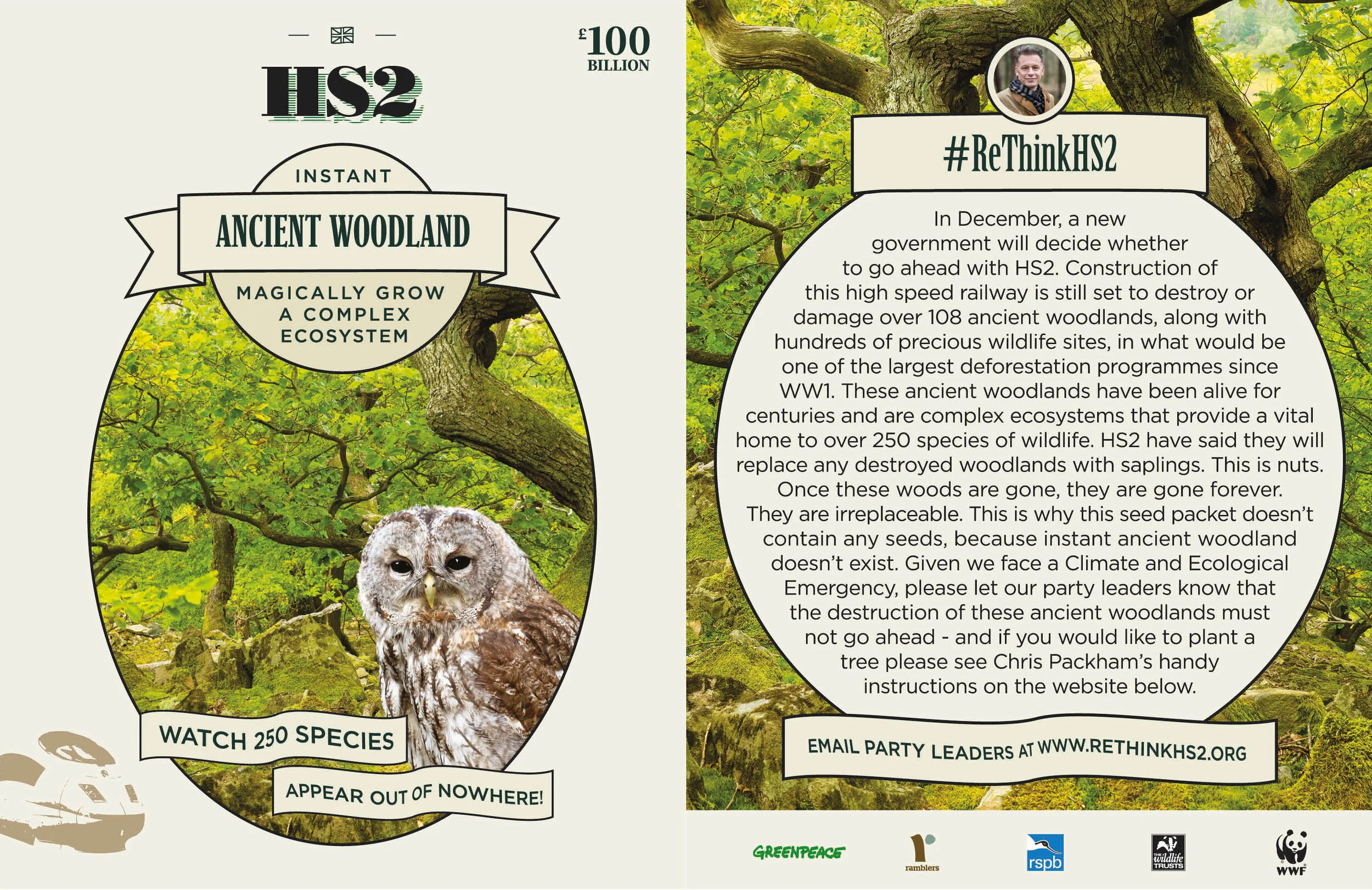 Seed Packet - Newspaper insert in The Mail On Sunday, highlighting the insufficiency of HS2’s green credentials by trying to replace irreplaceable ancient woodland.