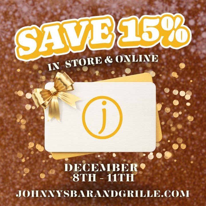 🎄Holiday savings are here! 🎄
Enjoy 15% OFF Johnny&rsquo;s Bar &amp; Grille Gift Cards! available in store and online.
Give the gift of good food (and keep a little savings for yourself 😉)
Link in bio!
#giftcardsale #savemore #holidays #johnnysbara