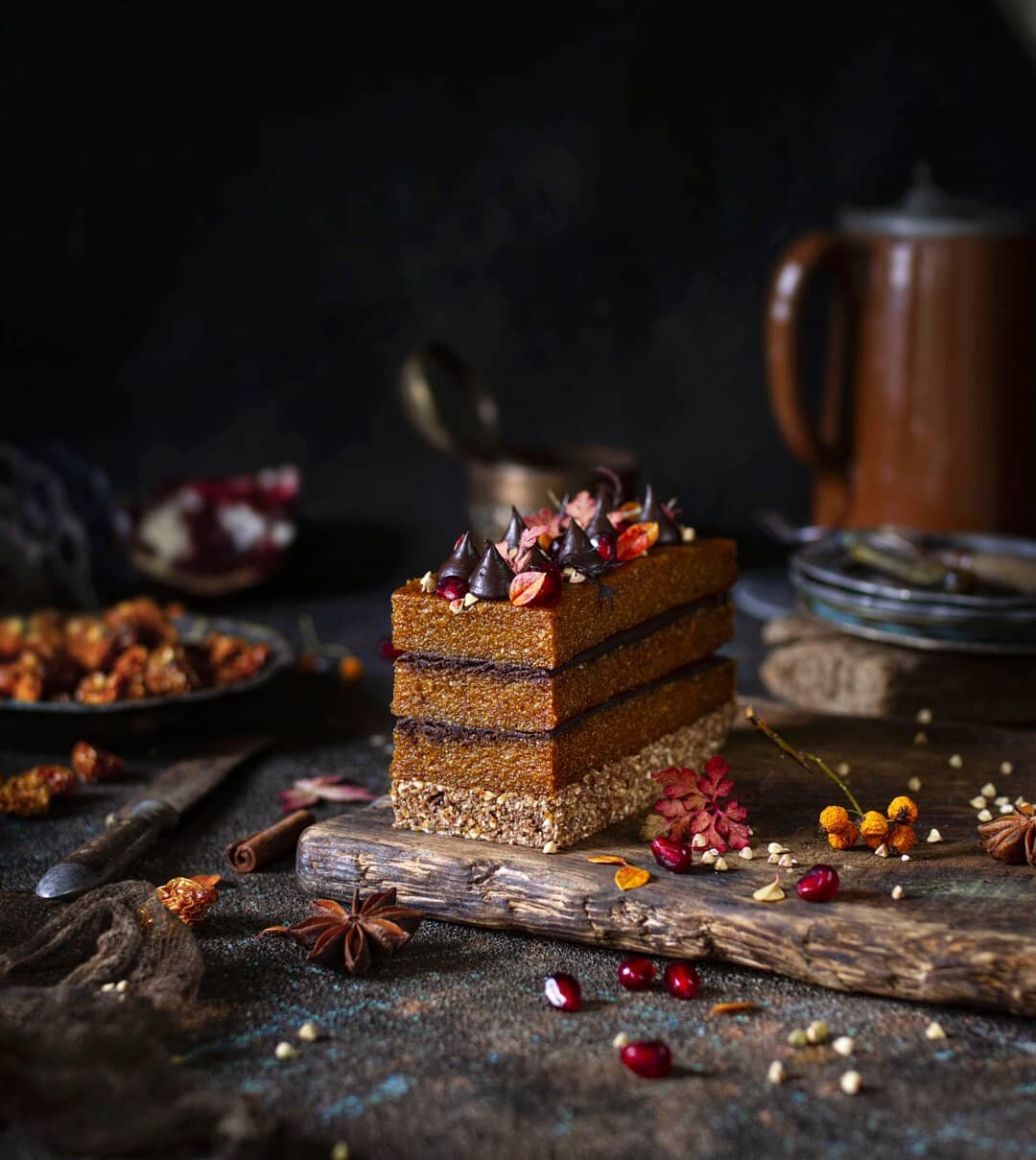 Raw dehydrated goldenberry jelly and yacon chocolate ganache Jaffa cake block. Low fat, nut-free and sugar-free healthy snack I ate for breakfast yesterday. Today my boyfriend is testing if I can share the recipe for this experimental dessert. I like