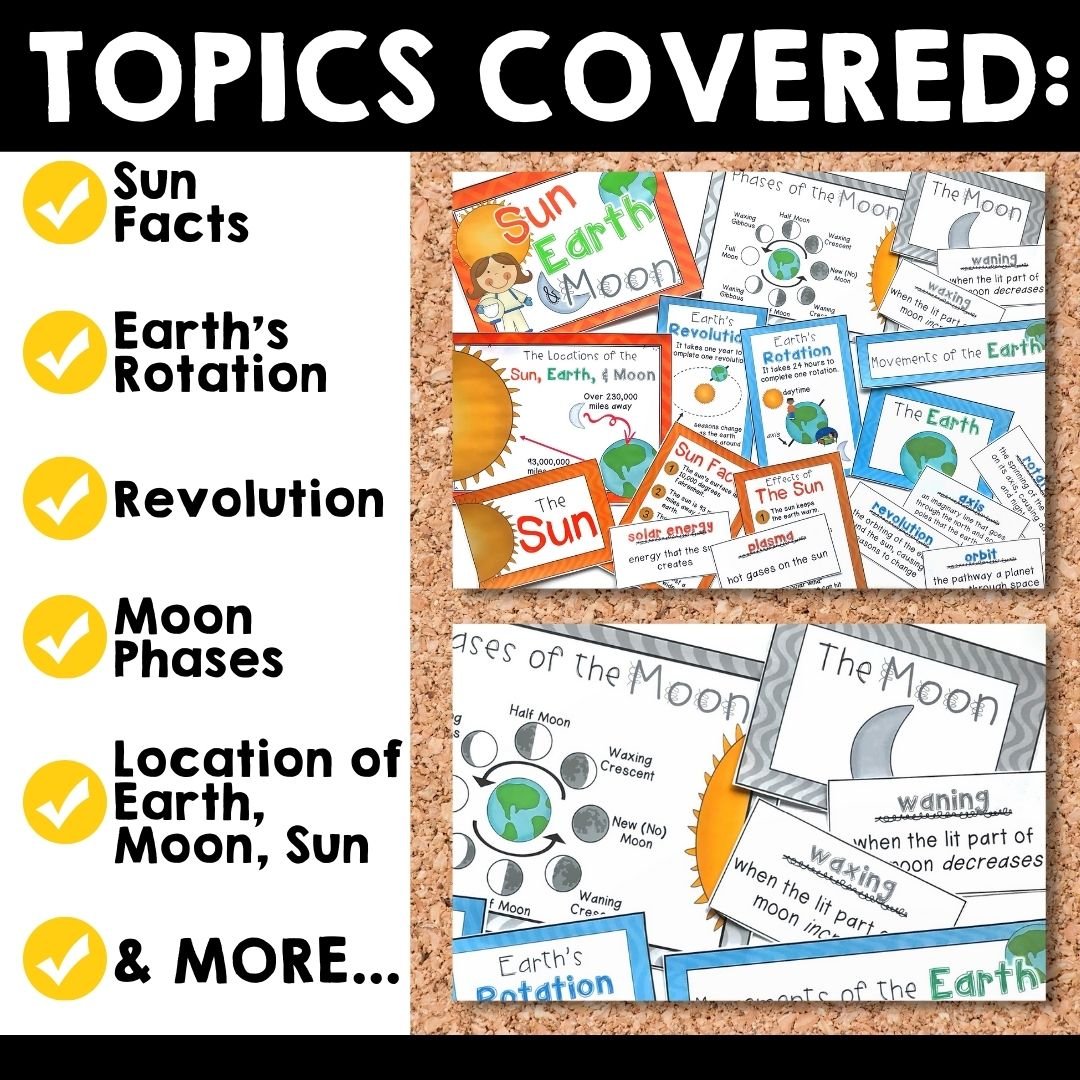 Sun, Moon, Earth Bulletin Board - Moon Phases, Rotation, Revolution, & MORE!