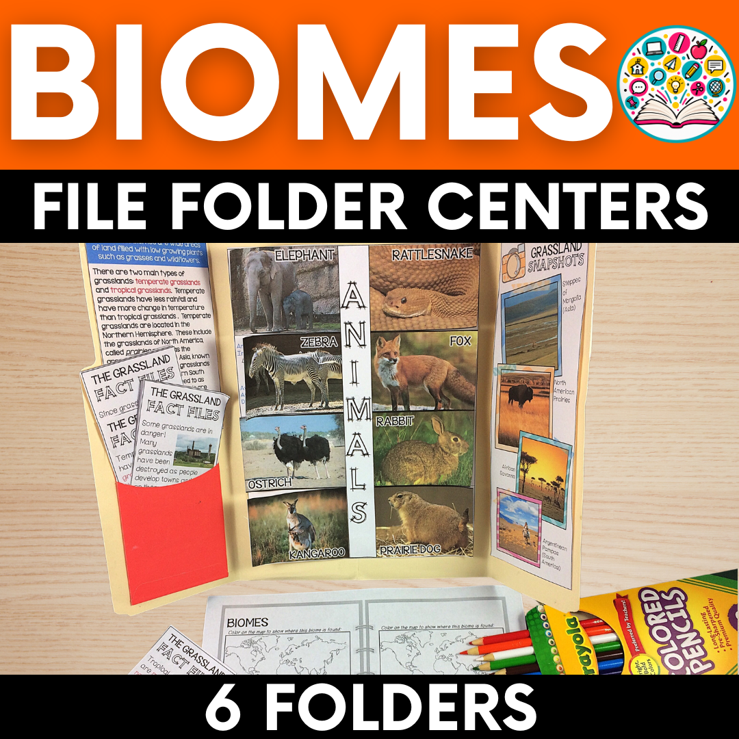 Science File Folder Centers: Biomes (rainforest, taiga, tundra, desert, deciduous forest, a grasslands)