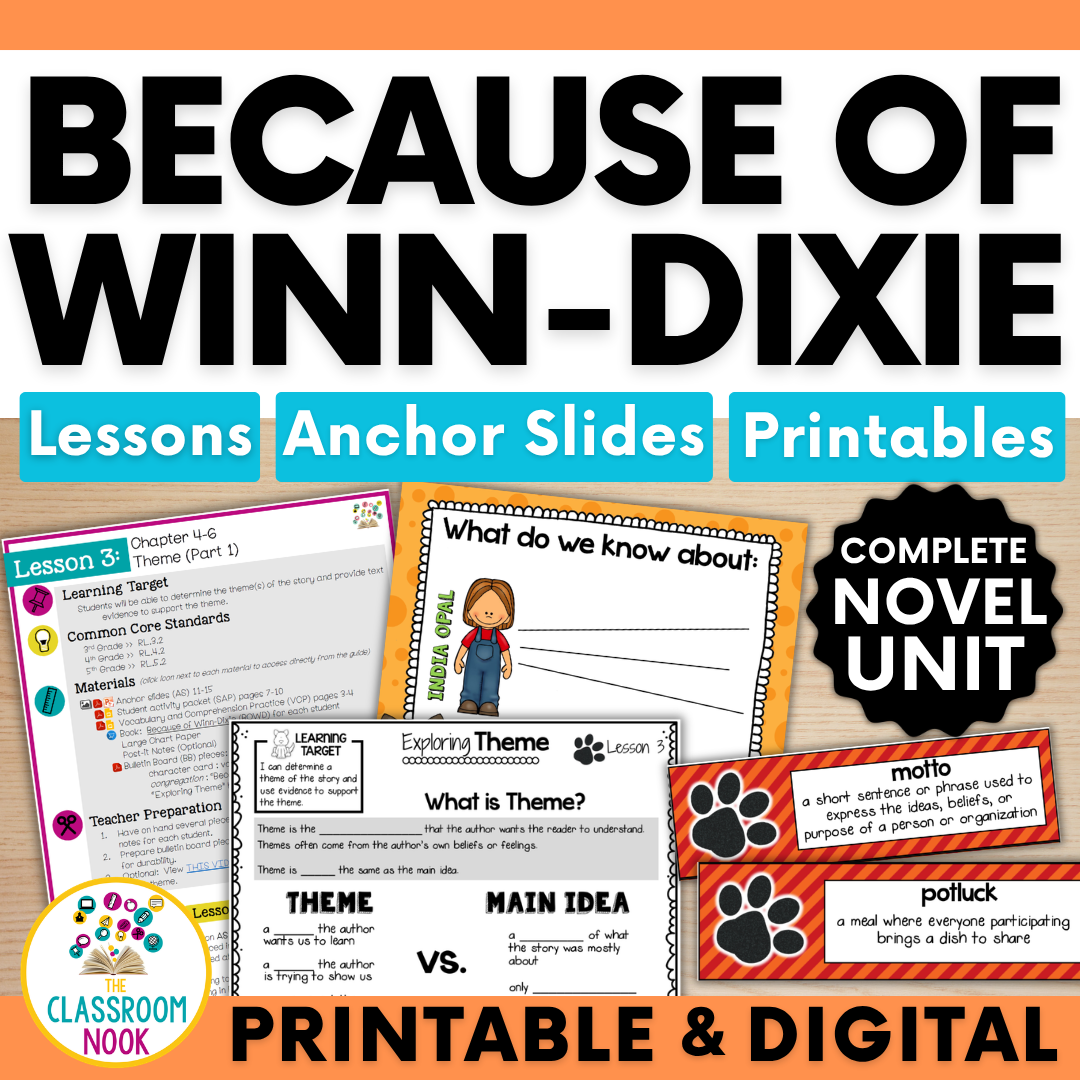 Because of Winn-Dixie Novel Unit (Reading Skills & Strategies, Comprehension & Vocabulary)
