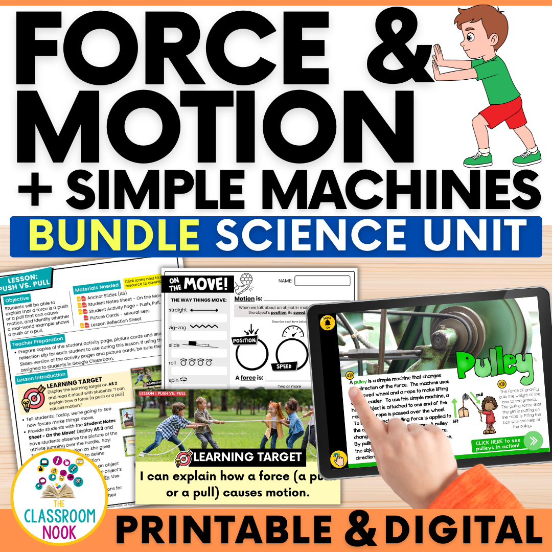 Force and Motion Pushes and Pulls, Gravity, Friction, Newtons Laws of Motion, Potential Kinetic Energy, Simple Machine Science Worksheets