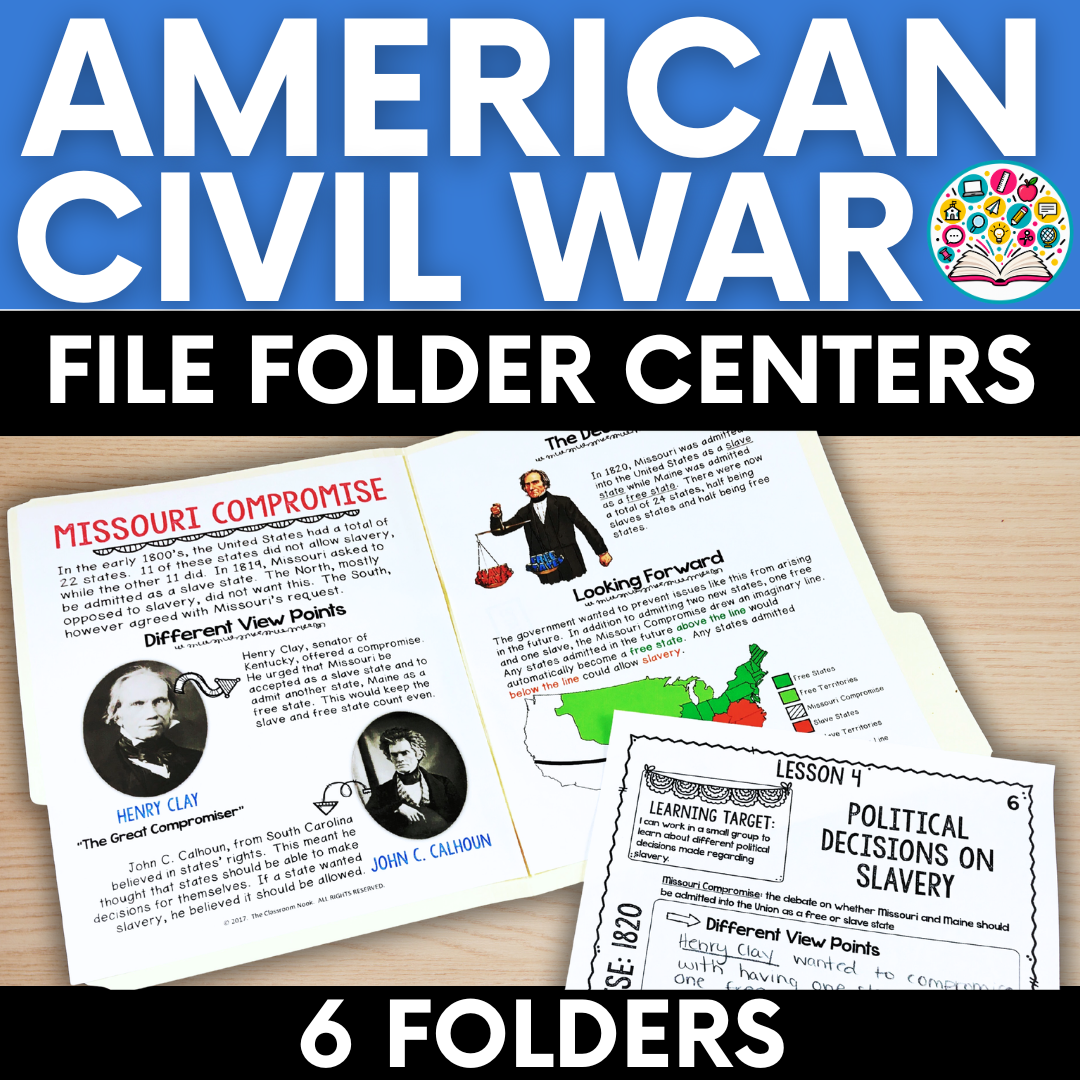Social Studies File Folder Centers: Political Decisions of the Civil War (Missouri Compromise, Kansas-Nebraska Act, Compromise of 1850, Dred Scott Case, Harpers Ferry, Lincoln's Election)