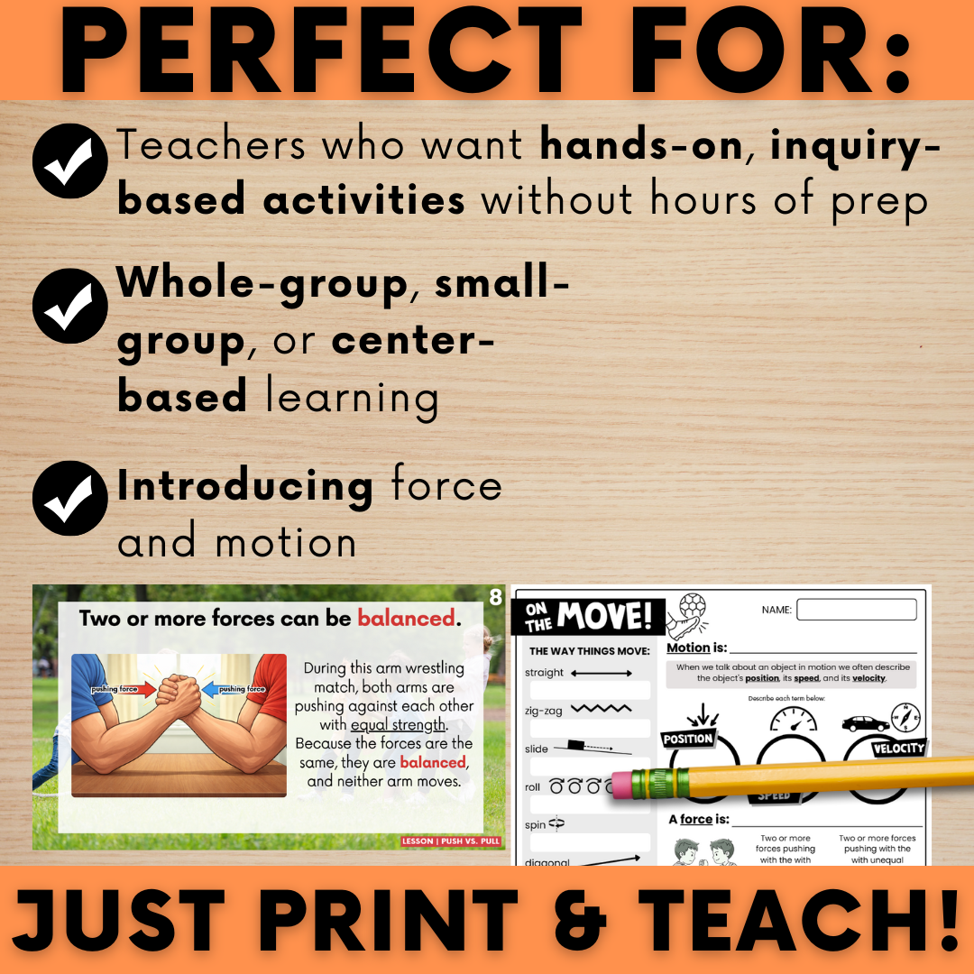 Force and Motion Pushes and Pulls, Gravity, Friction, Newtons Laws of Motion, Potential Kinetic Energy, Simple Machine Science Worksheets