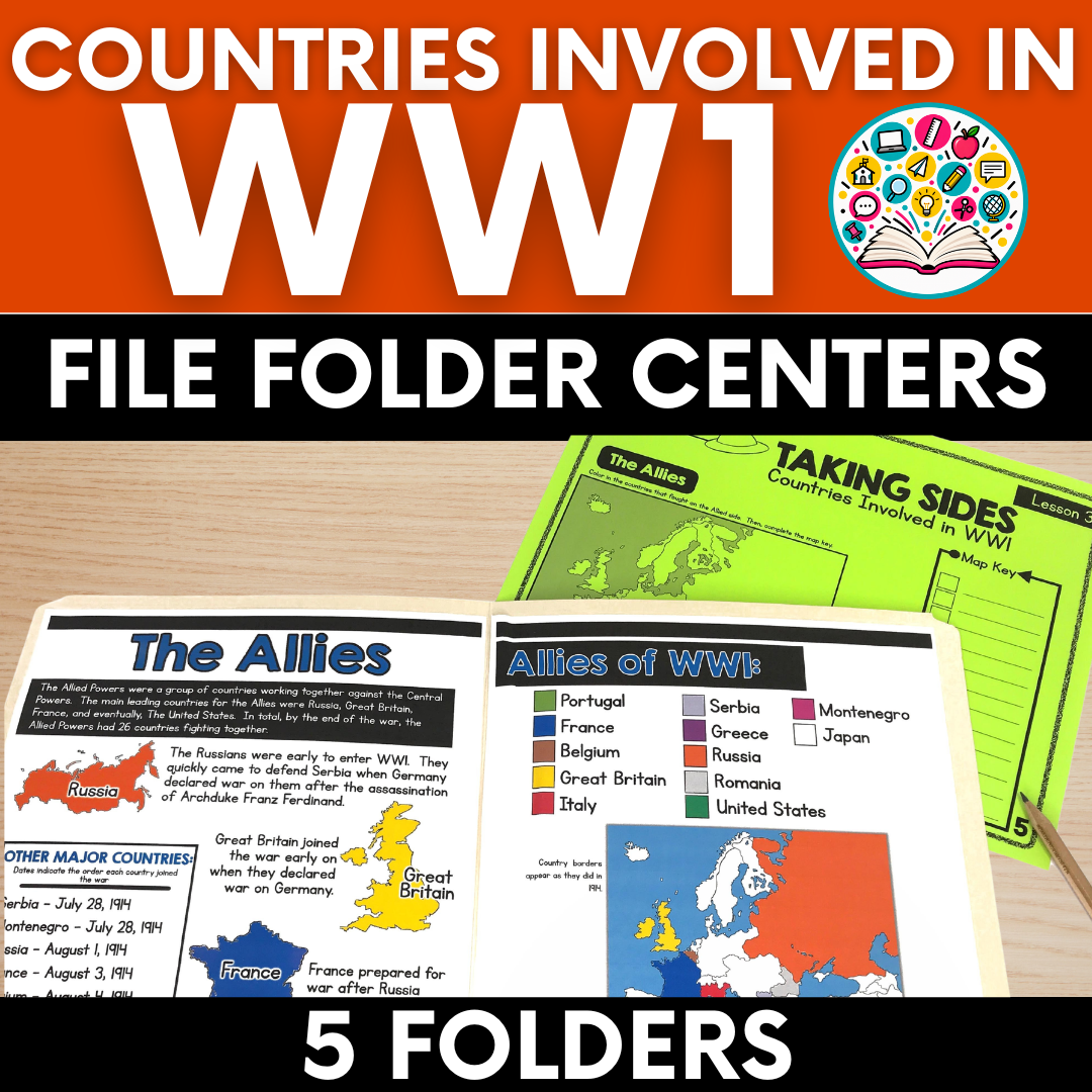 Social Studies File Folder Centers: Countries Involved in World War One (WWI):  Allied and Central Powers, Neutral Counties
