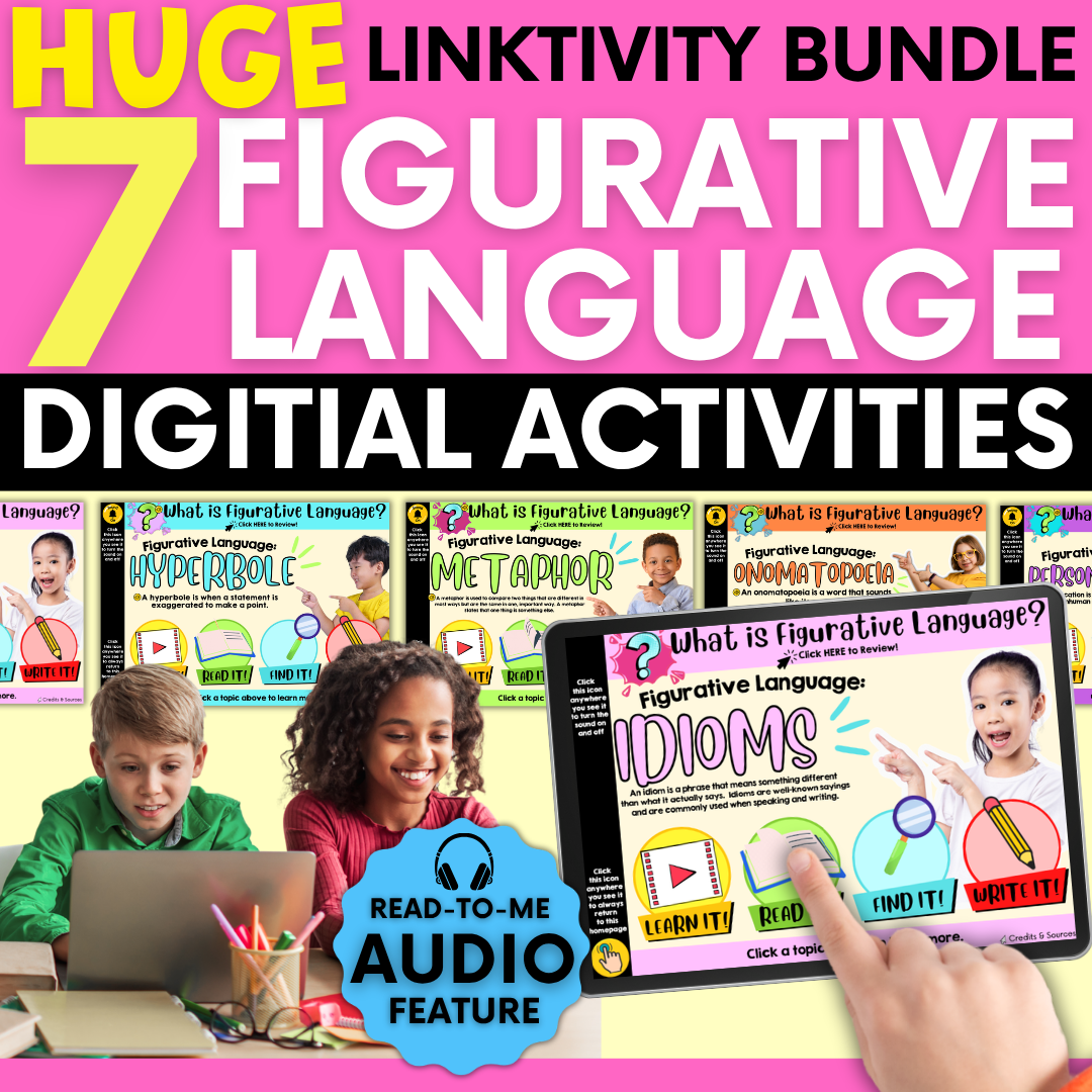 BUNDLE: Figurative Language LINKtivities -  Teaching Similes, Metaphors, Alliteration, Idioms, Hyperboles, Personification, & Onomatopoeias | Digital Resources for Kids