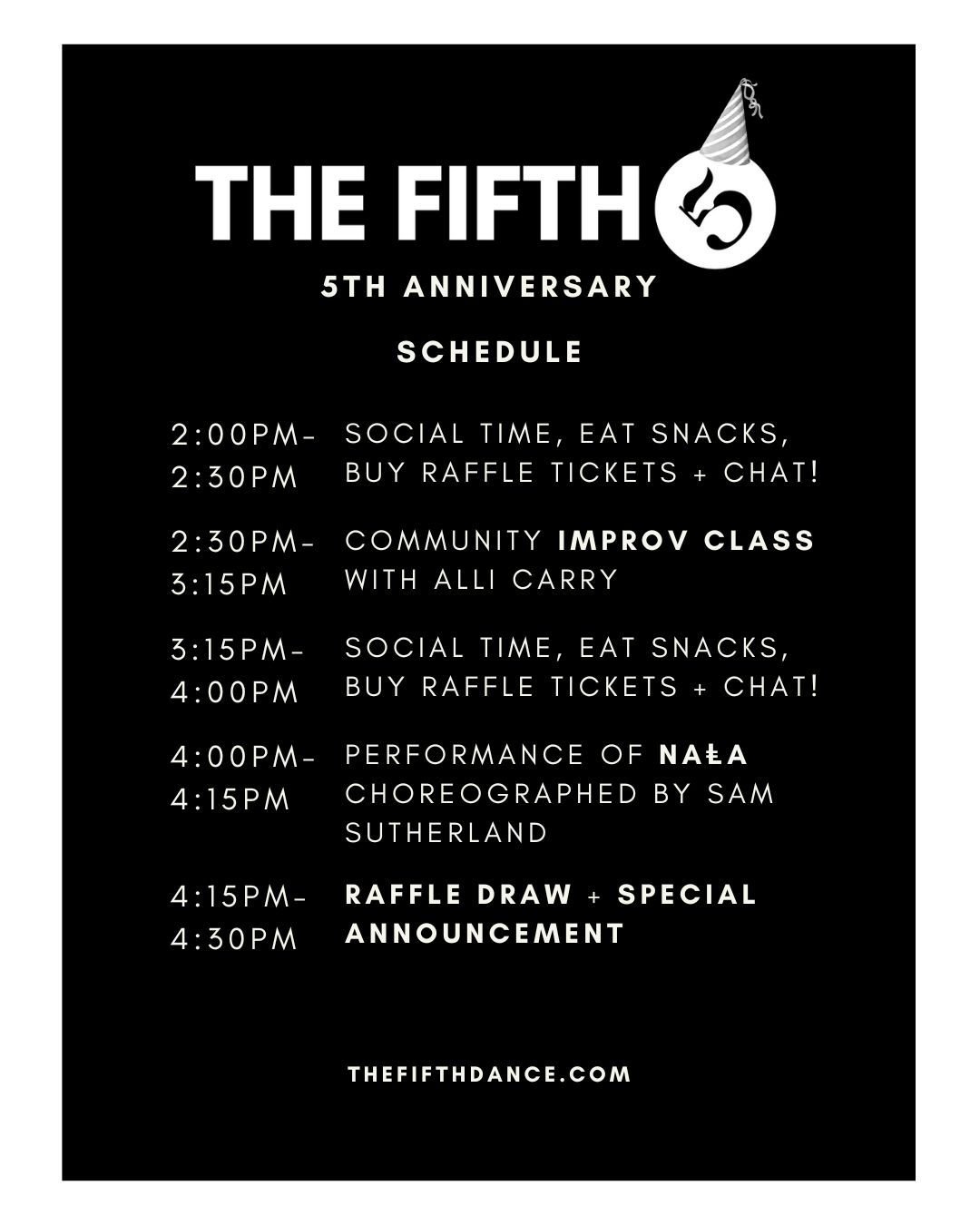 TOMORROW'S THE BIG DAY! 🎂

Here's the schedule for our fifth-anniversary celebration !! 

2:00 PM-2:30 PM - Social time, eat snacks, buy raffle tickets + chat!

2:30 PM-3:15 PM - Community Improv class with Alli Carry @alli_carry 

3:15 PM-4:00 PM -