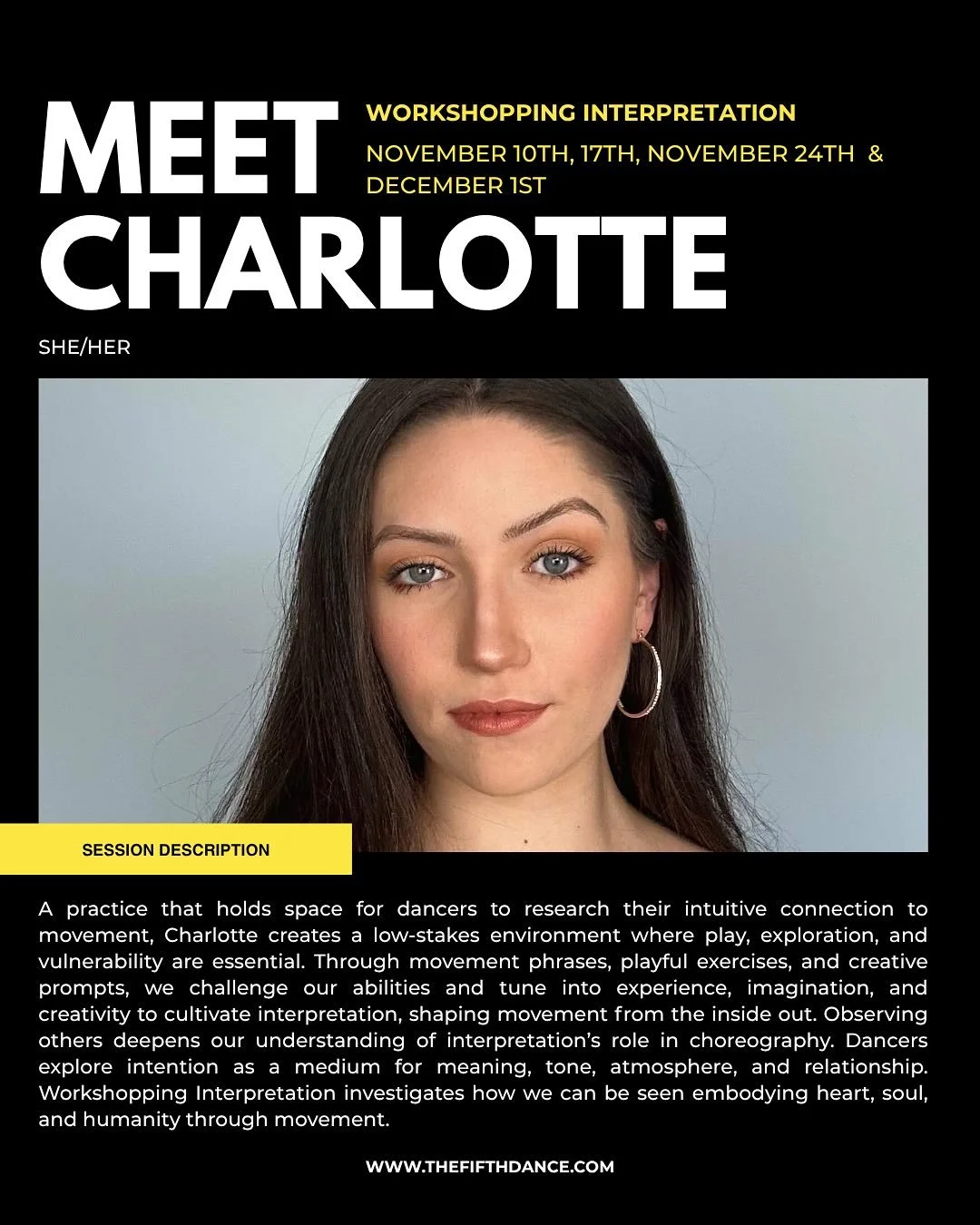 Starting next Monday ✯꩜

Workshopping Interpretation with Charlotte @cccccccccunever 

🤸&zwj;♂️November 10th, November 17th, November 24th, December 1st
📅 Mondays 10:30AM - 12:00PM
📍 Main Studio at The Fifth Dance

💸Sliding Scale starting at $10
