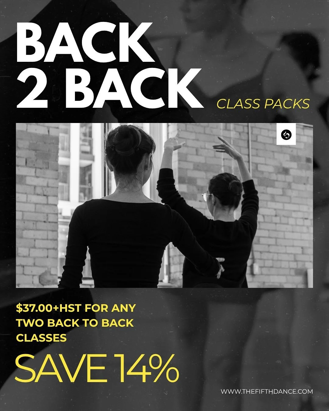 BACK 2 BACK 💥
Take two classes in a row for $37+HST (save 14%) &mdash; or $31+HST for professional dancers.

Whether you&rsquo;re building stamina, exploring something new, or just want to stay in your groove a little longer, our Back 2 Back duos ma