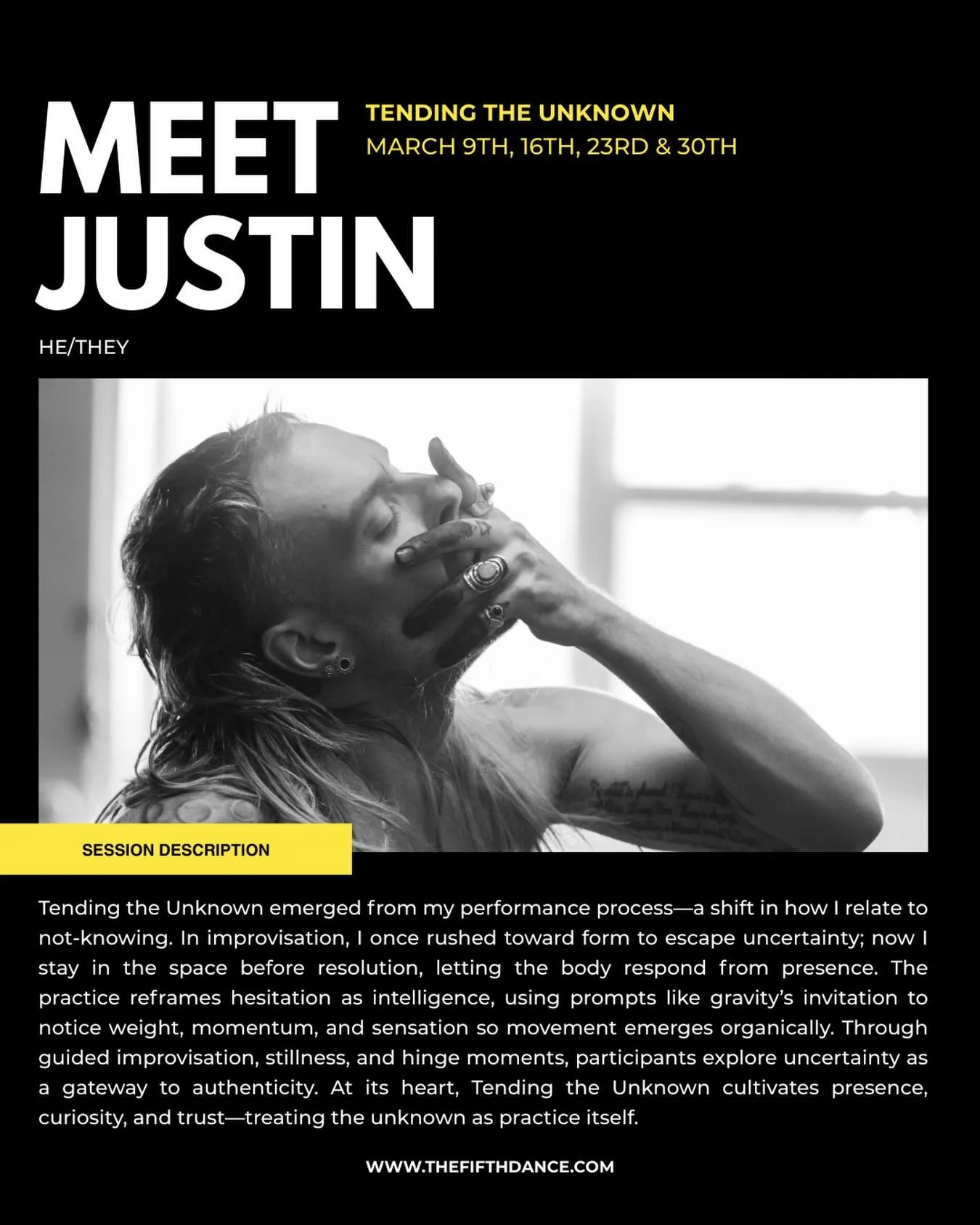 Help us welcome our March Emerging practice 🌾
Tending the Unknown with Justin Fraser @ophelia_manson
 
🤸&zwj;♂️ March 9th, 16th, 23rd, &amp; 30th
📅 Mondays 10:30AM - 12:00PM
📍 Main Studio at The Fifth Dance
💸 Sliding Scale $10-$21
 
Tending the 