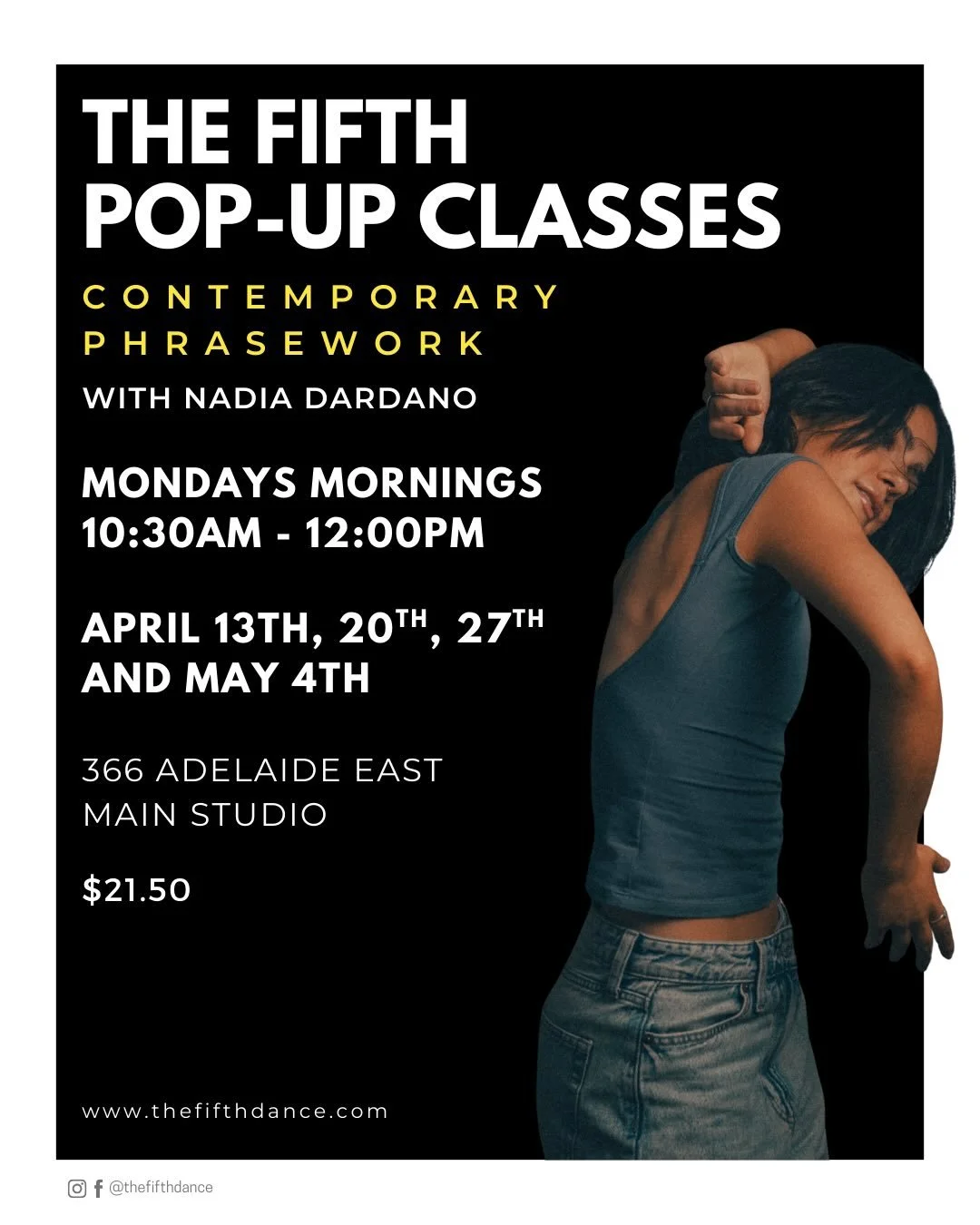 POP-UP classes in March and April 💥
 
Int/Adv Contemp with Nadia 🧚🏻
@nadiadardano
When: Mondays April 13th, 20th, 27th, and May 4th
Time: 10:30am-12:00pm
 
 Pro/Adv Modern With Steph ✴️
@steph.hark
When: Fridays, March 6th, 13th, 20th and
April 10