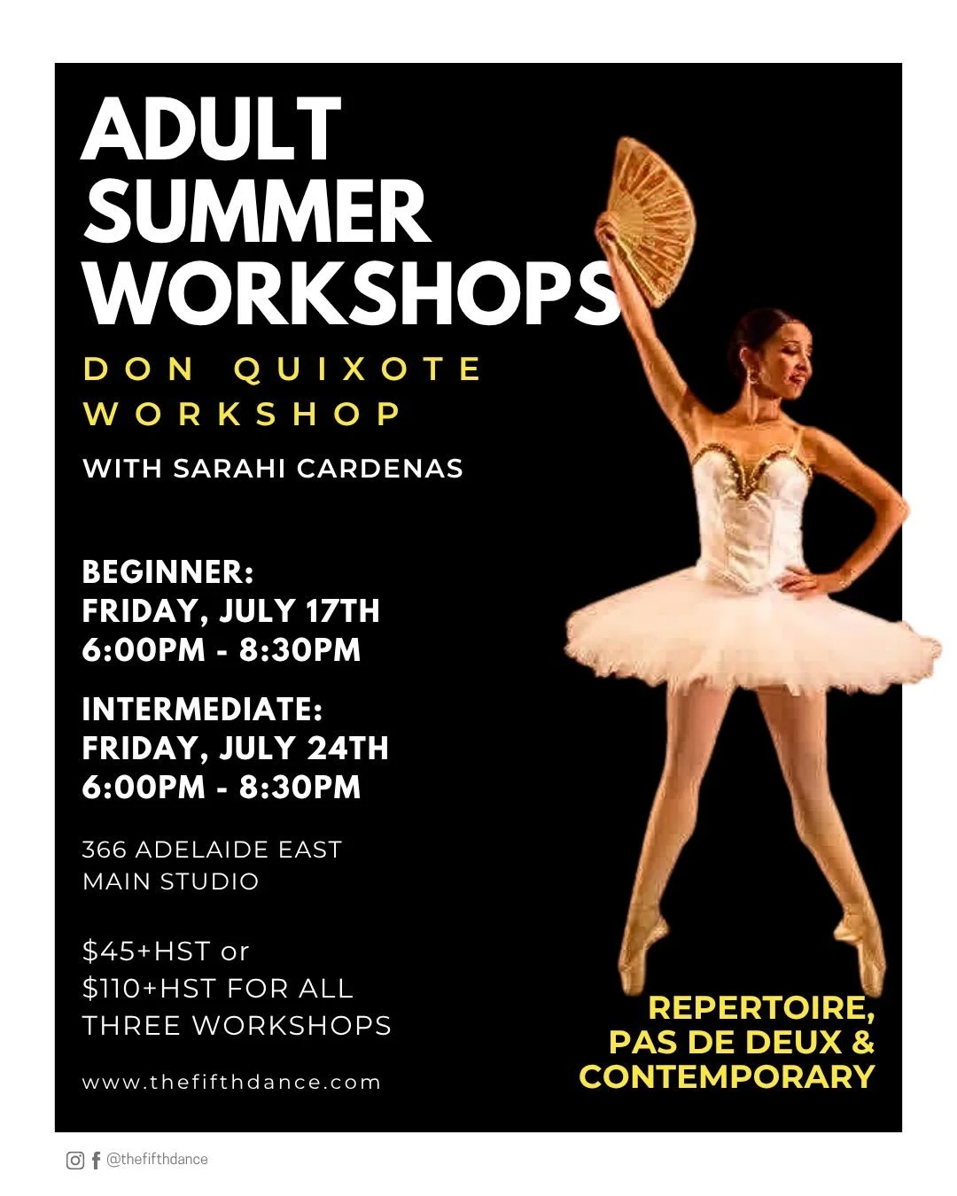 Are you ready?!

Our annual Adult Summer Workshops are here ☀️☀️

Let&rsquo;s get our summer sweat on in the studio! We&rsquo;ll learn repertoire from our very own studio director Sarahi, Pas de Deux from the dream team Sarahi + Daniel and get inspir