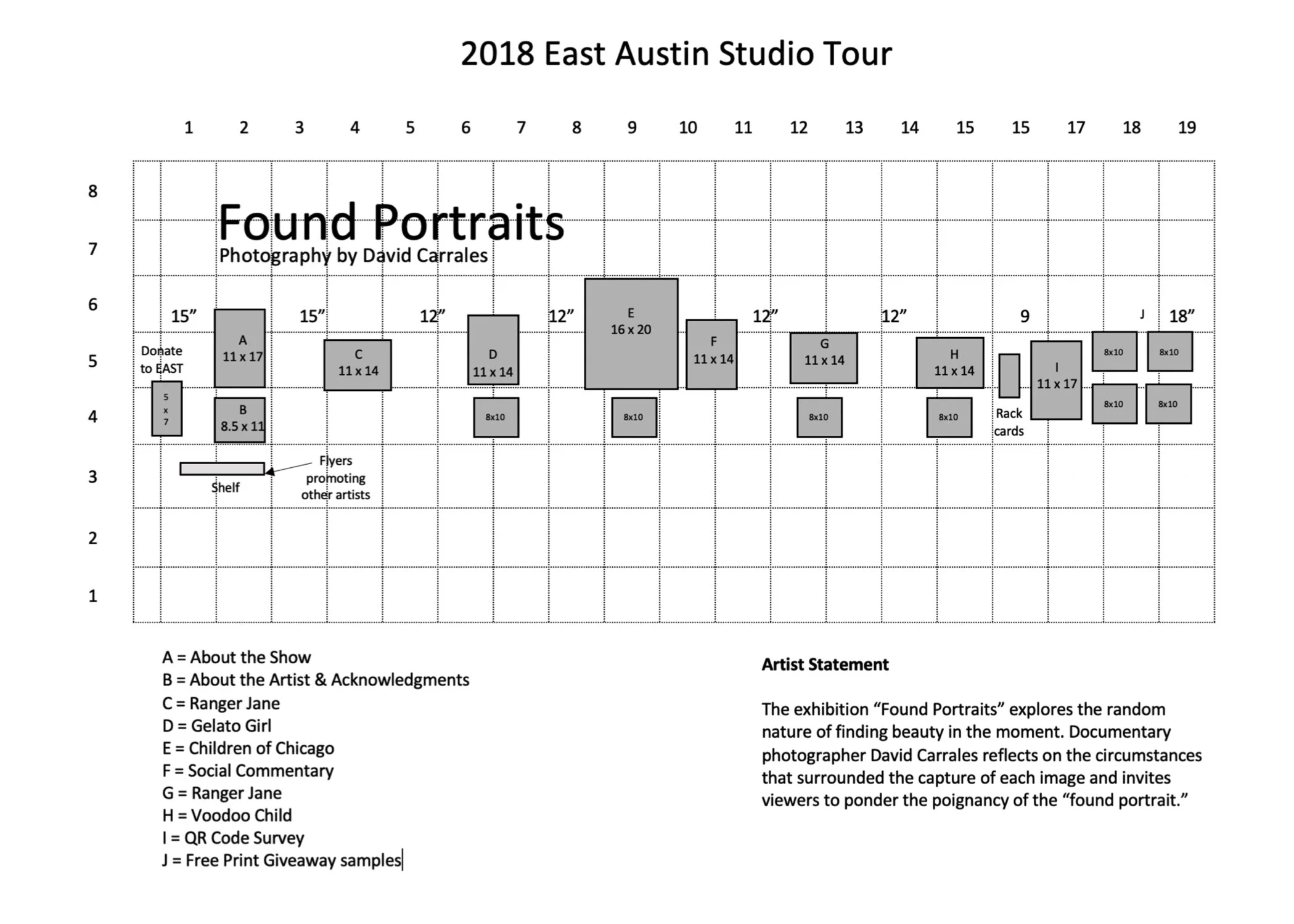 This is the layout for the 2018 East Austin Studio Tour. After I have a concept, I start working on the layout, using this grid map of the 8’ x 19’ wall.