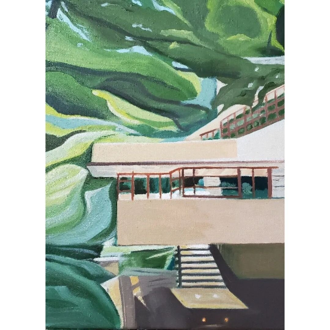Fallingwater from en plein air workshop in June with @rdonoughe - can't wait to go back in the fall. Oil on canvas 9x12 #instaartist #oilpainting#gamblinoils #landscapepainting #contemporaryart #archdigest #fallingwater #franklloydwright #mcm #iwanta