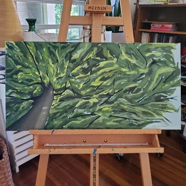 &quot;Dog Days of Summer&quot; oil on canvas 15 x 30. Inspiration for this painting came while doing yoga under the trees in Tionesta. Was way more challenging and time consuming than I ever imagined but finally happy with it! #oilpainting #instaart 