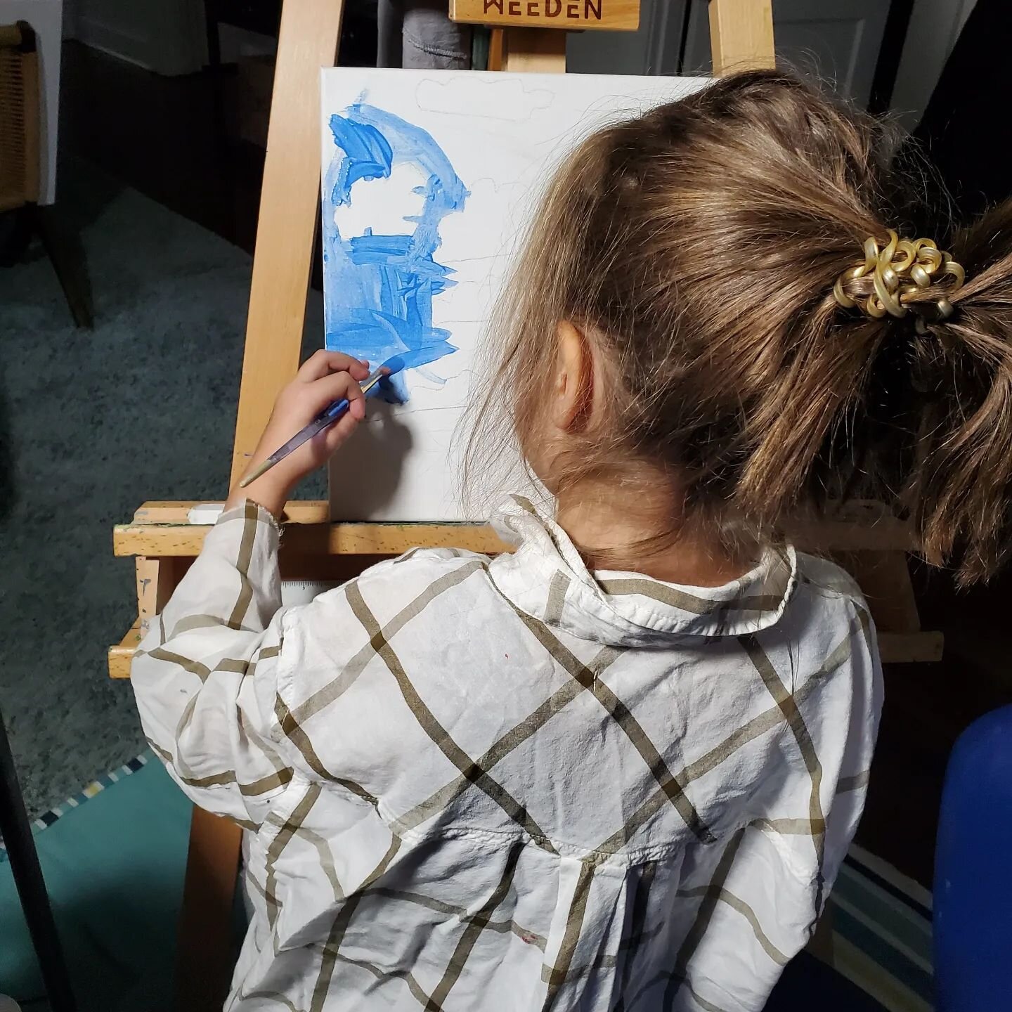 5 yo granddaughter, Madison, prepping for the art exhibit at the Mt. Lebanon Library that she's sharing with her mom. Stop and see their artwork in the lower gallery the month of October #kidspainting #mtlebanonlibrary