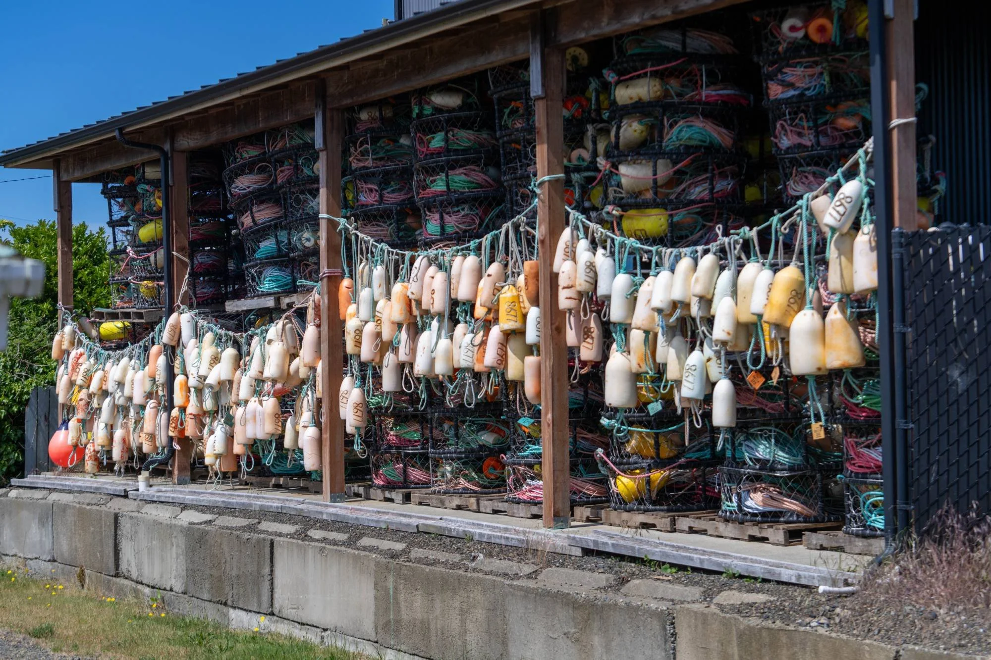 Crab pots and floats in storage shed