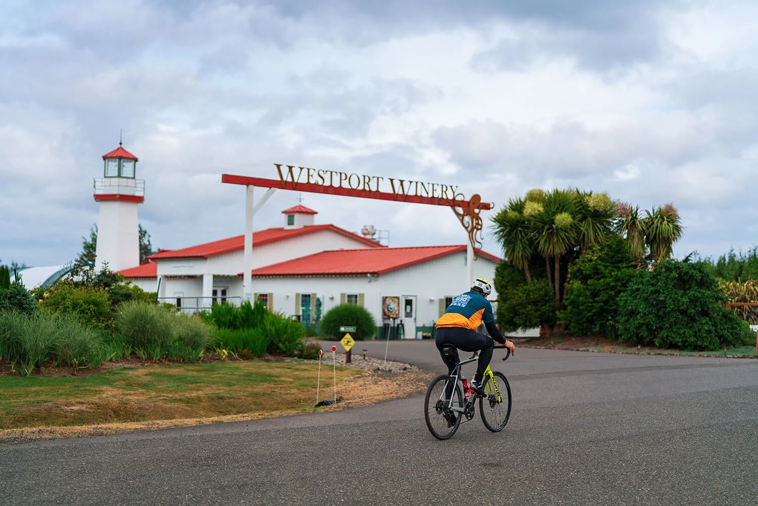 Cyclist riding by Westport Winery