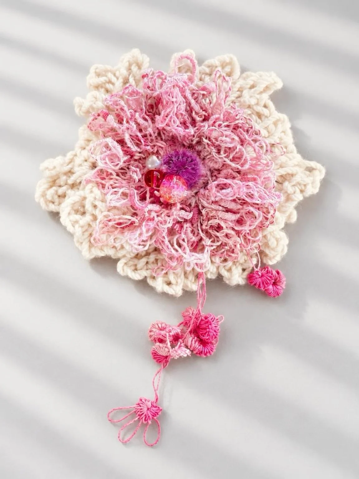 Ruffled pink corsage/brooch/purse charm with tatted dangles