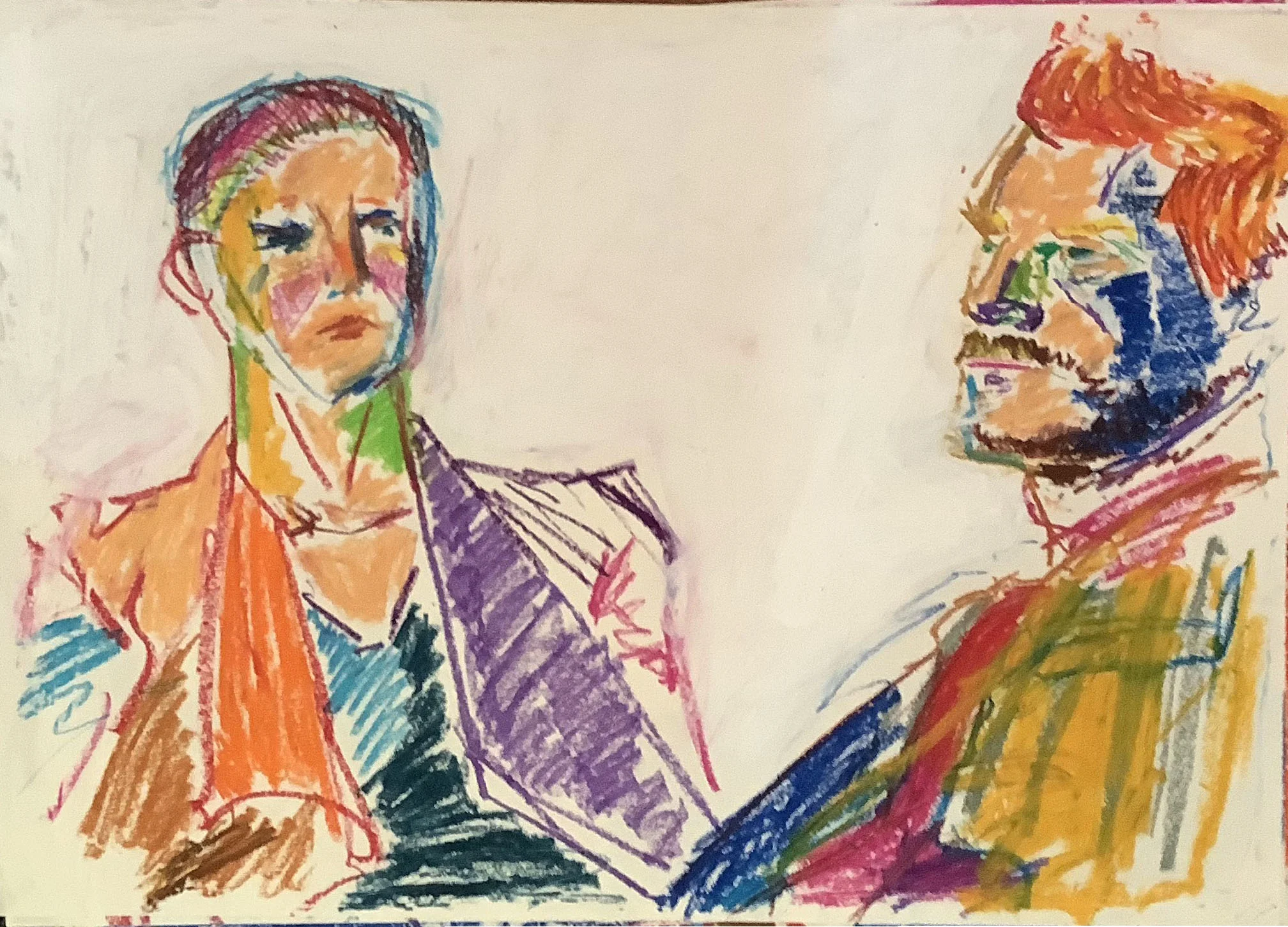 live model drawing; oil pastels