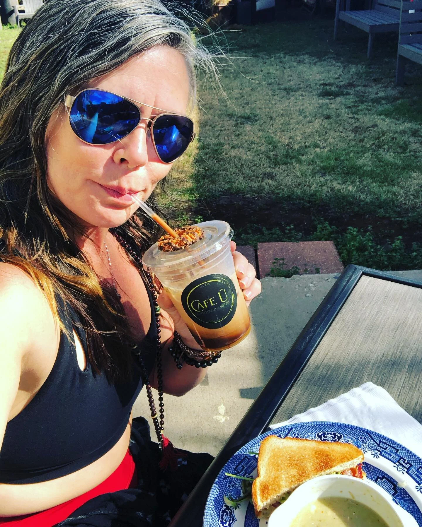 A little lunch outdoors ☀️ &amp; the most smashing coffee ☕️ inspired by Girl Scout Cookies @cafeucoffee 

🍪 The Samaritan!!!! 

#cafeu #mineolatx #girlscoutcookies🍪 #thesamaritan #yummy #favoritelunchspot #enjoythesunshine ☀️