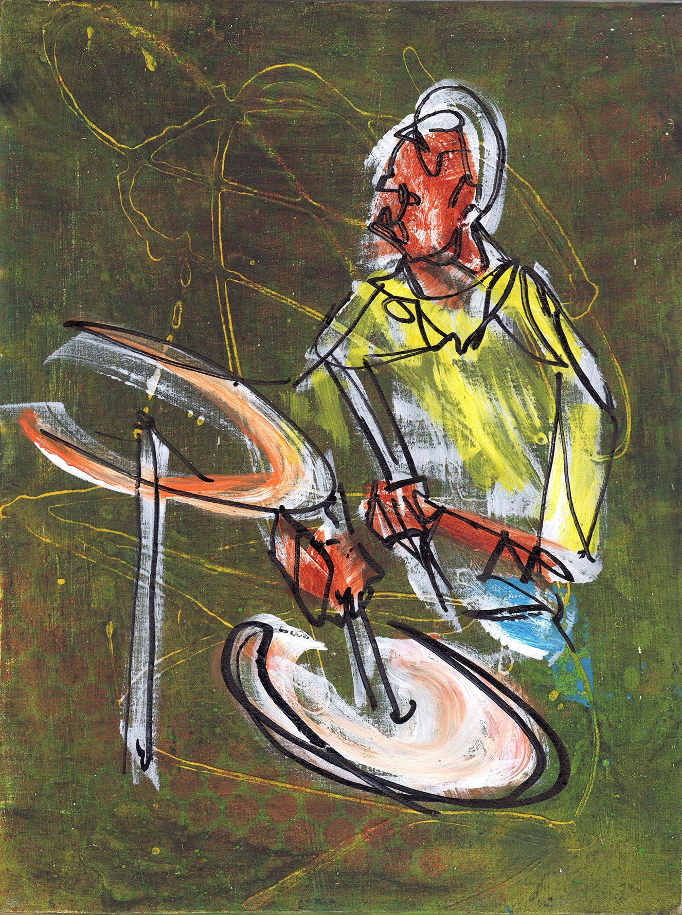 Abstract drummer Acrylic, spraypaint and marker on canvas. 9” x 12” $400