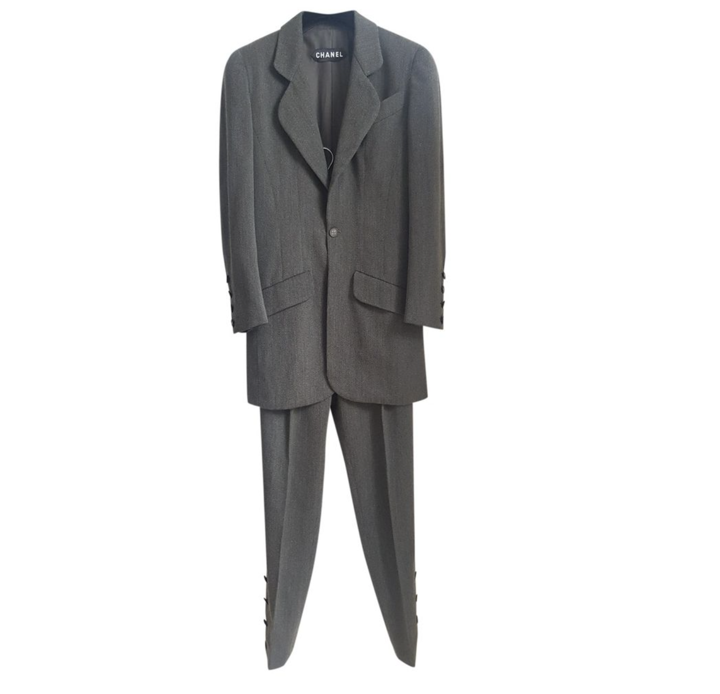CHANEL HAUTE COUTURE GREEN GRAY WOOL SINGLE BREASTED BUTTON GOLD PLATED LONG SLEEVE BLAZER PANTS SUIT - £858.20
