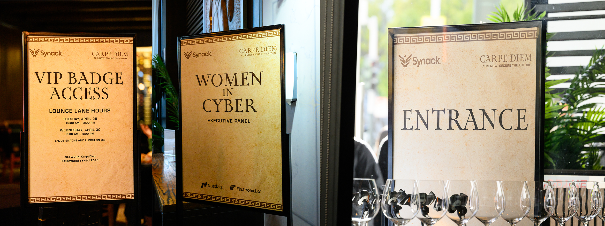 Directional signage featured backgrounds reminiscent of ancient Roman scrolls, with consistent use of ornamentation and typography tying them to the overall graphic theme.