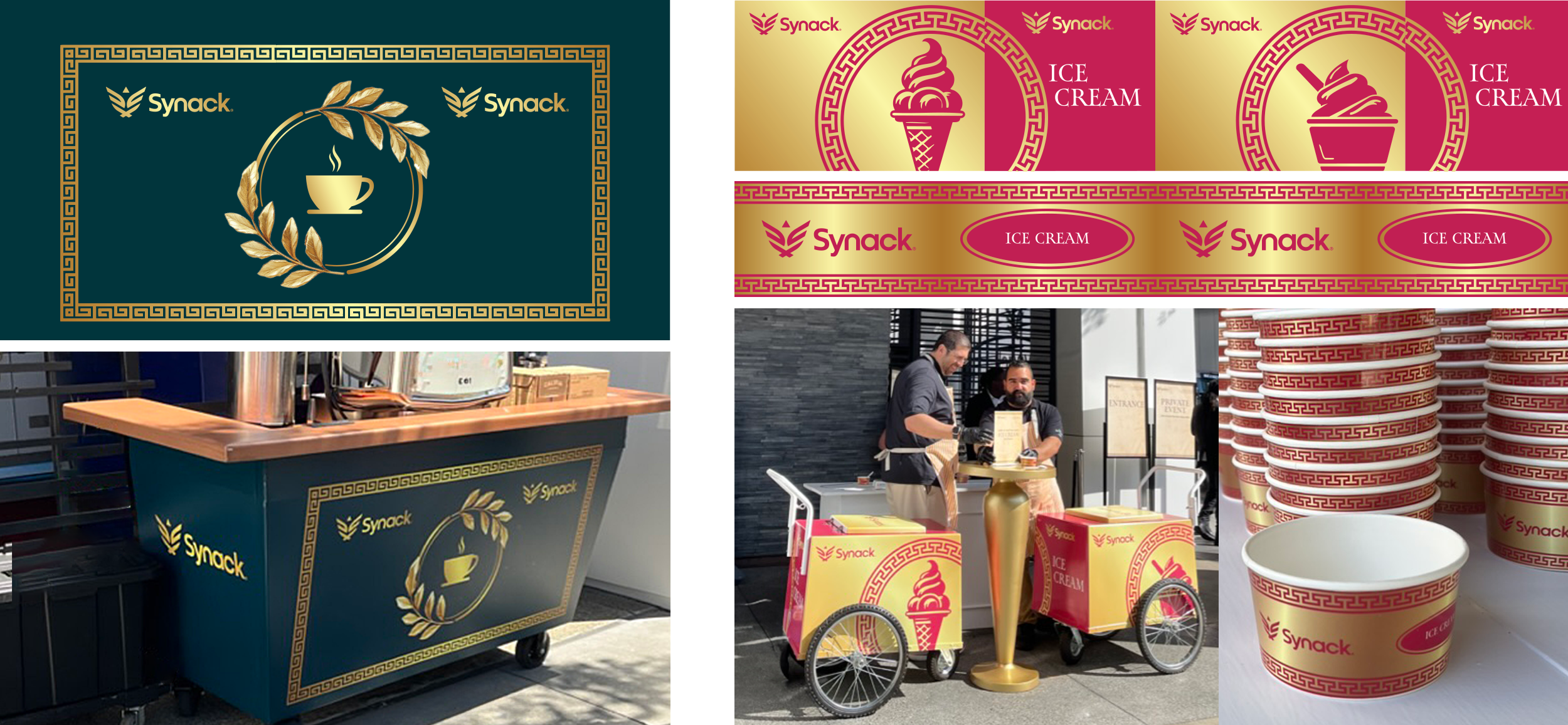 The morning coffee and an afternoon ice cream were served at the door on the theme-branded carts. The ornament and gold were carried consistently across all design elements.