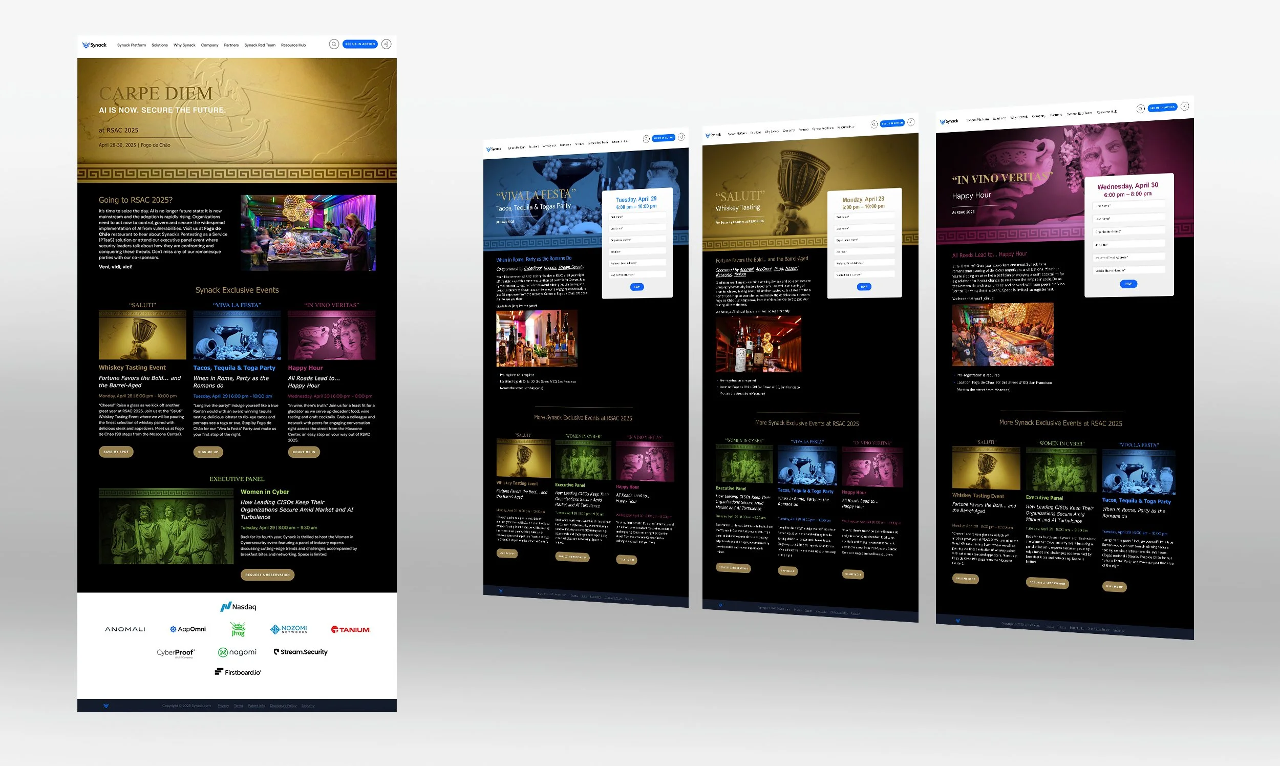 The first impression of Synack’s theme was the event’s website, ads, and social media posts. Colors, ornamentation, and typography ensured a cohesive look throughout the visuals. Digital assets were closely tied to the environmental graphics, creati