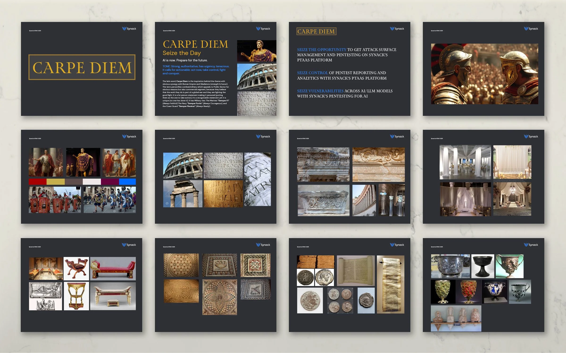 To create the visual theme, I put together a moodboard based on my research of the Roman Empire and the values of gladiators (strength and honor). Inspiration came from Roman architecture, interiors, fashion, and furniture. The color palette drew