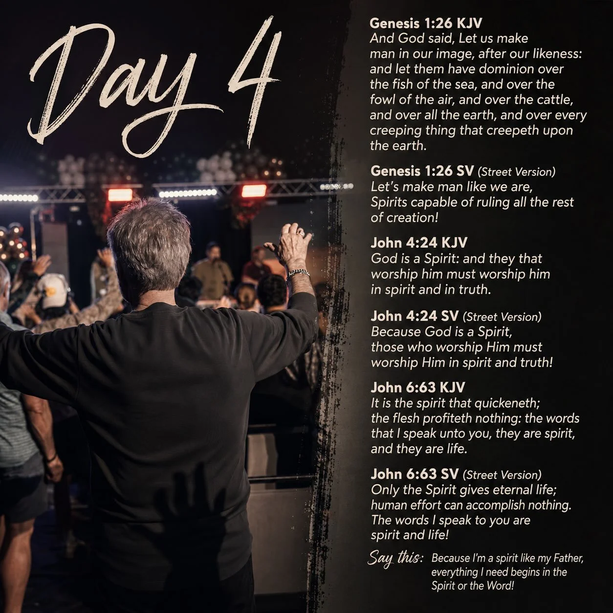 🔥 DAY 4 | STREET VERSION 🔥

You were created in His image. You are a spirit, and everything you need begins in the Spirit and in the Word. 🙌🏽