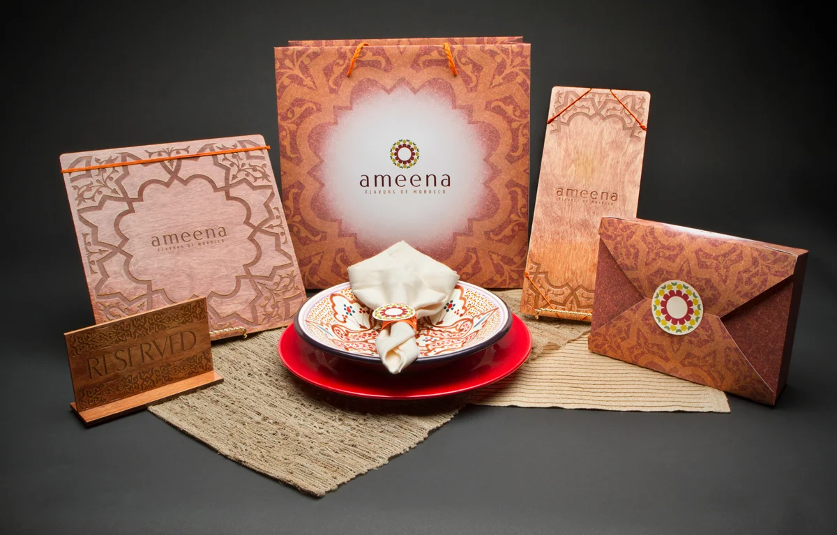 Ameena packaging design, featuring the back of dinner and drink menu.