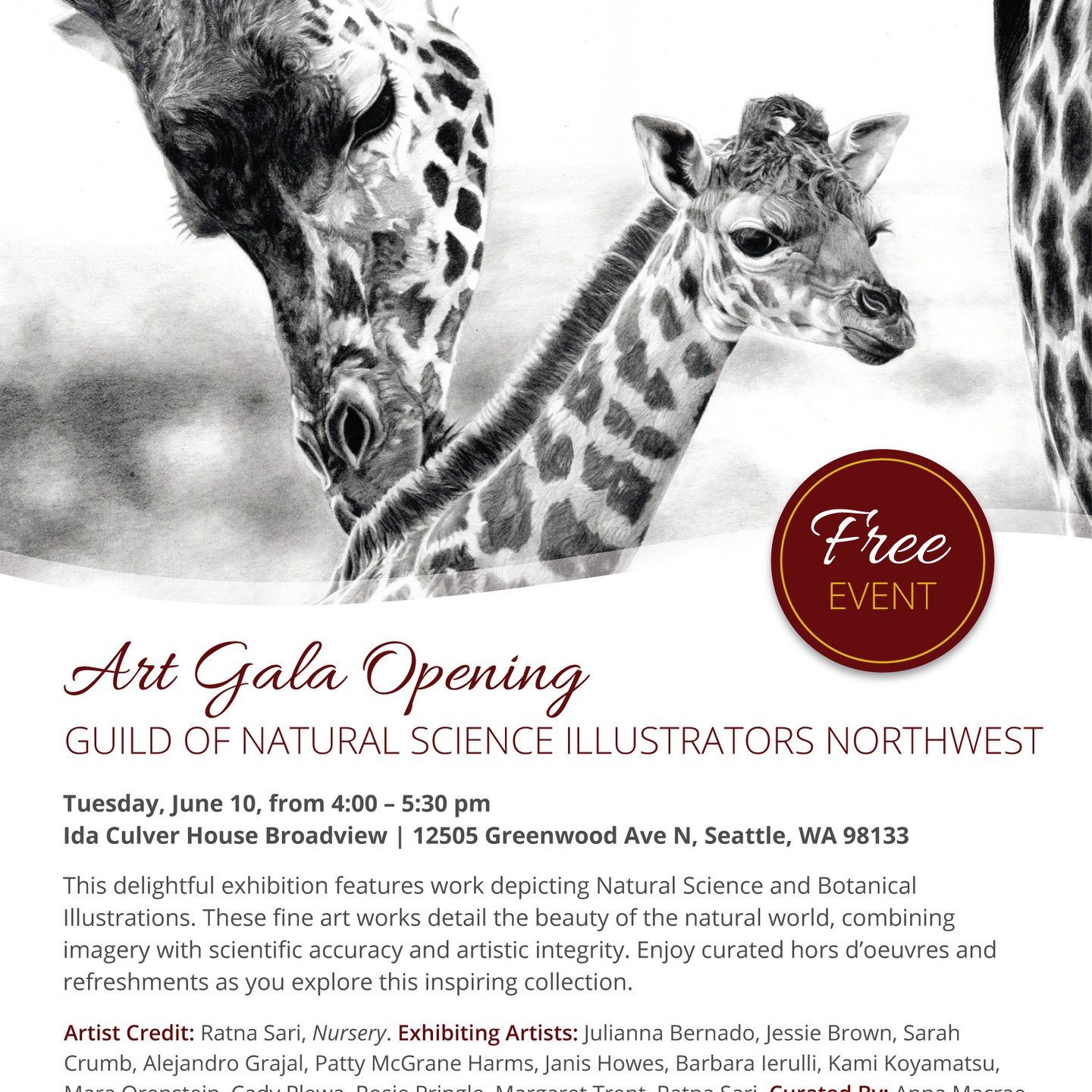 Hello everyone!

I'm thrilled to invite you all to join me in an Art Gala Opening with Guild of Natural Science Illustrator Northwest!

Tuesday, June 10, from 4:00 &ndash; 5:30 pm
Ida Culver House Broadview | 12505 Greenwood Ave N, Seattle, WA 98133
