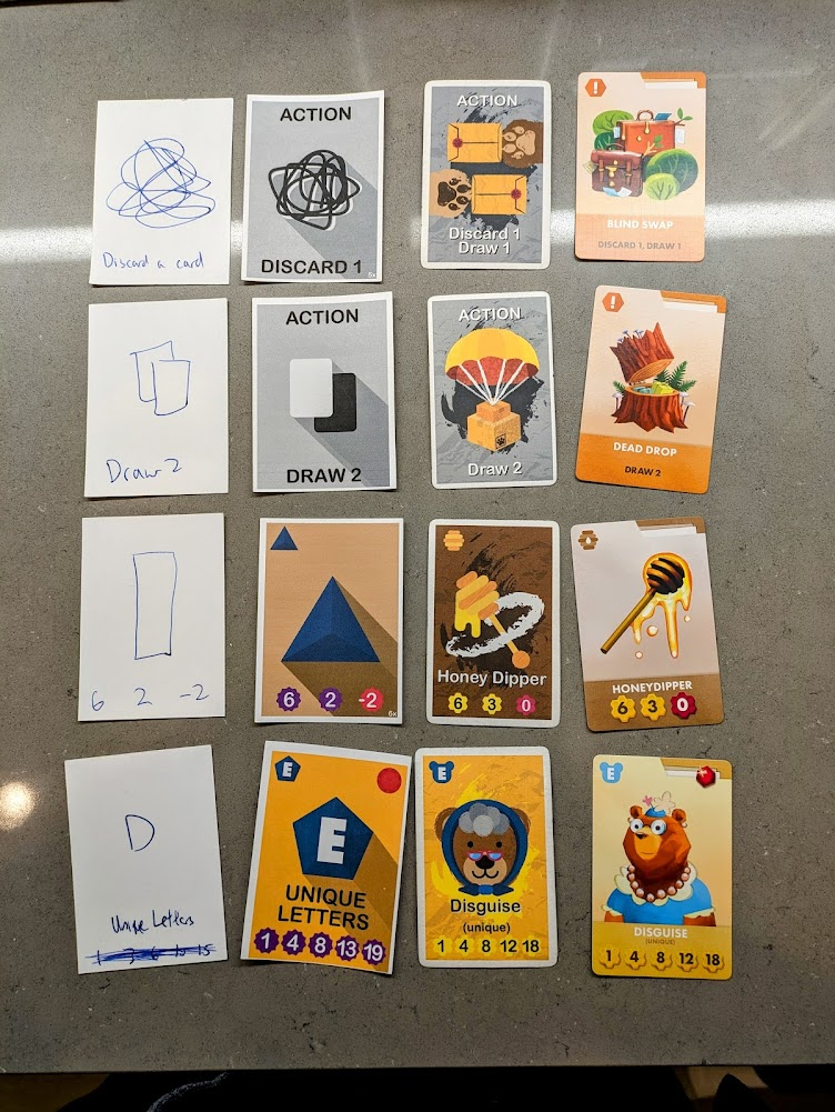 Sixteen cards in a grid of four by four. The leftmost column shows the original prototype of Honeypot. The next two columns are the evolution of that card and the rightmost column are the final version of that card.